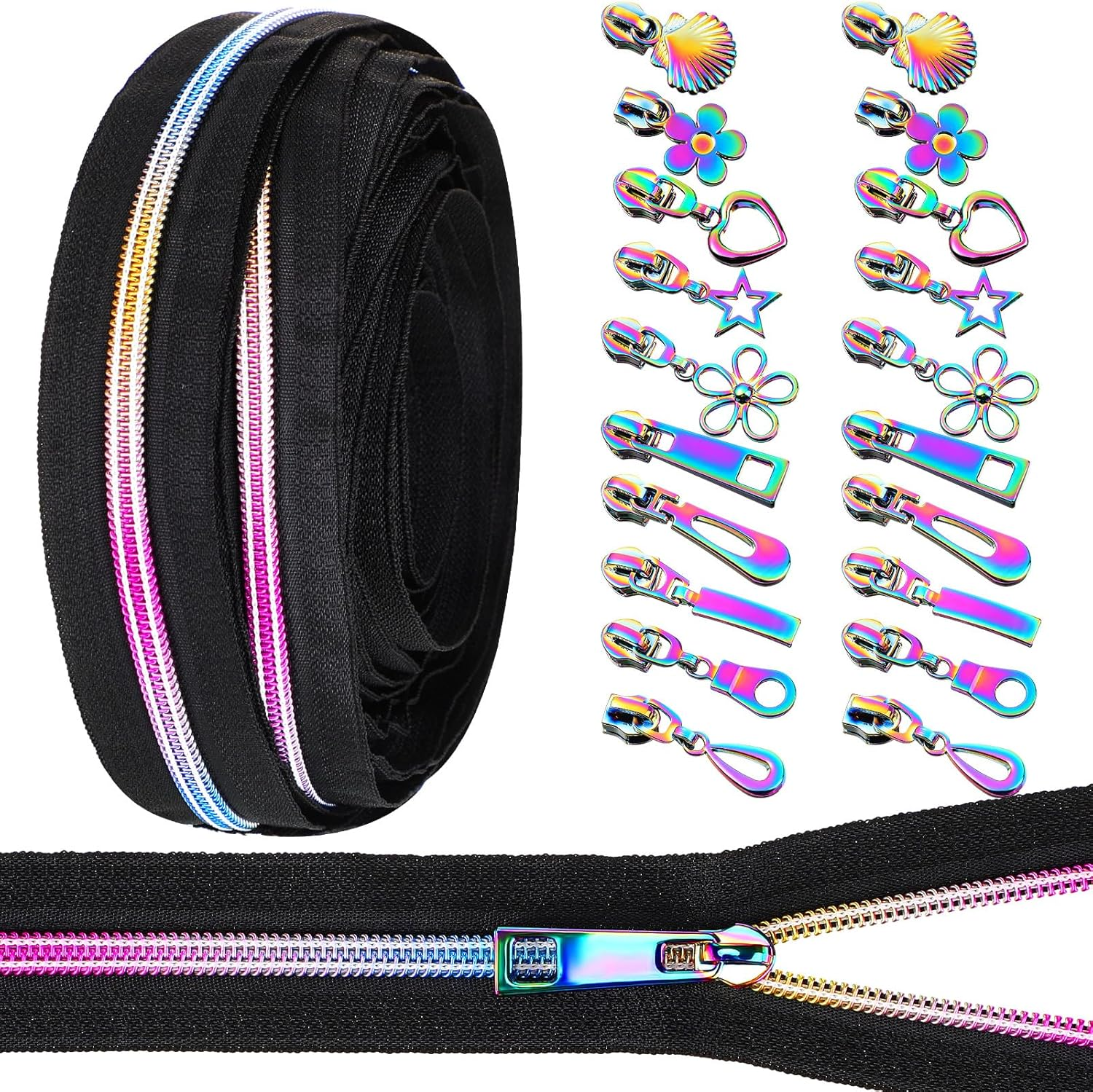 Zeyune #5 Rainbow Zipper Tape by the Yard 10 Yards Rainbow Teeth Nylon Zipper with 20 Pcs Colorful Metal Slider Pulls (10 Styles) for DIY Sewing Tailor Crafts (White)