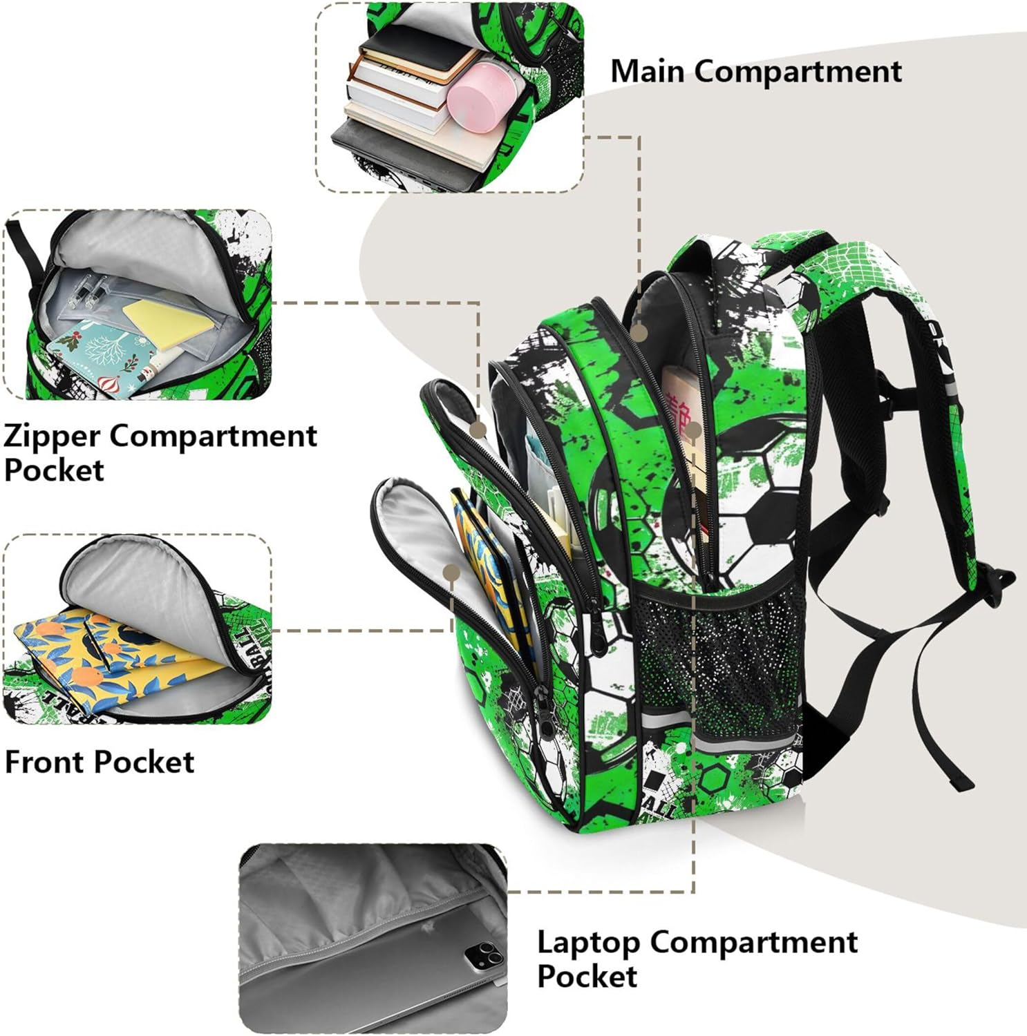 Joisal Soccer Ball Kids Backpack School Custom Personalized Green Football Print Bookdaypack Elementary Preschool image number 6
