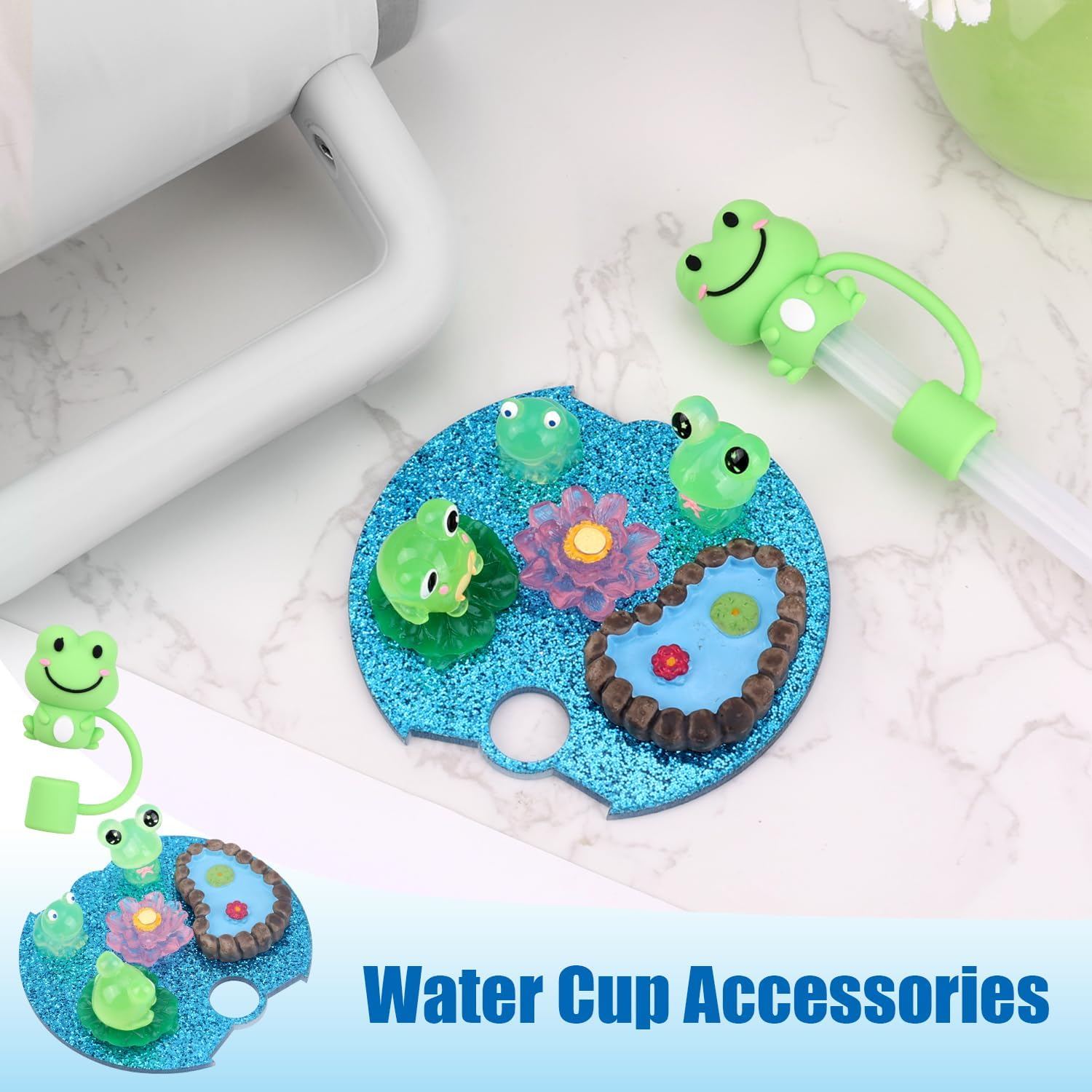 NQEUEPN Luminous Frog Pond Cup Lid Charms for Stanley Bottle 30Oz, with Cute Frog Silicone Straw Cover Cap Glow-In-The-Dark Name Plate DIY Tumbler Lid Topper for Stanley Cup Charms Accessories image number 5
