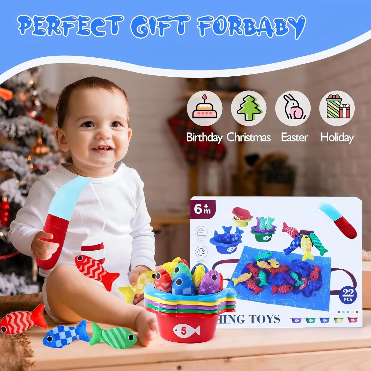 Toddler Toys, Montessori Toys for 1 Year Old Boy Girl Birthday Gift, Cloth Fishing Game for Toddler 1-3, Sorting Learning Baby 6-12-18 Months, Cloth Fishing Game with Baby Stacking Cups image number 6