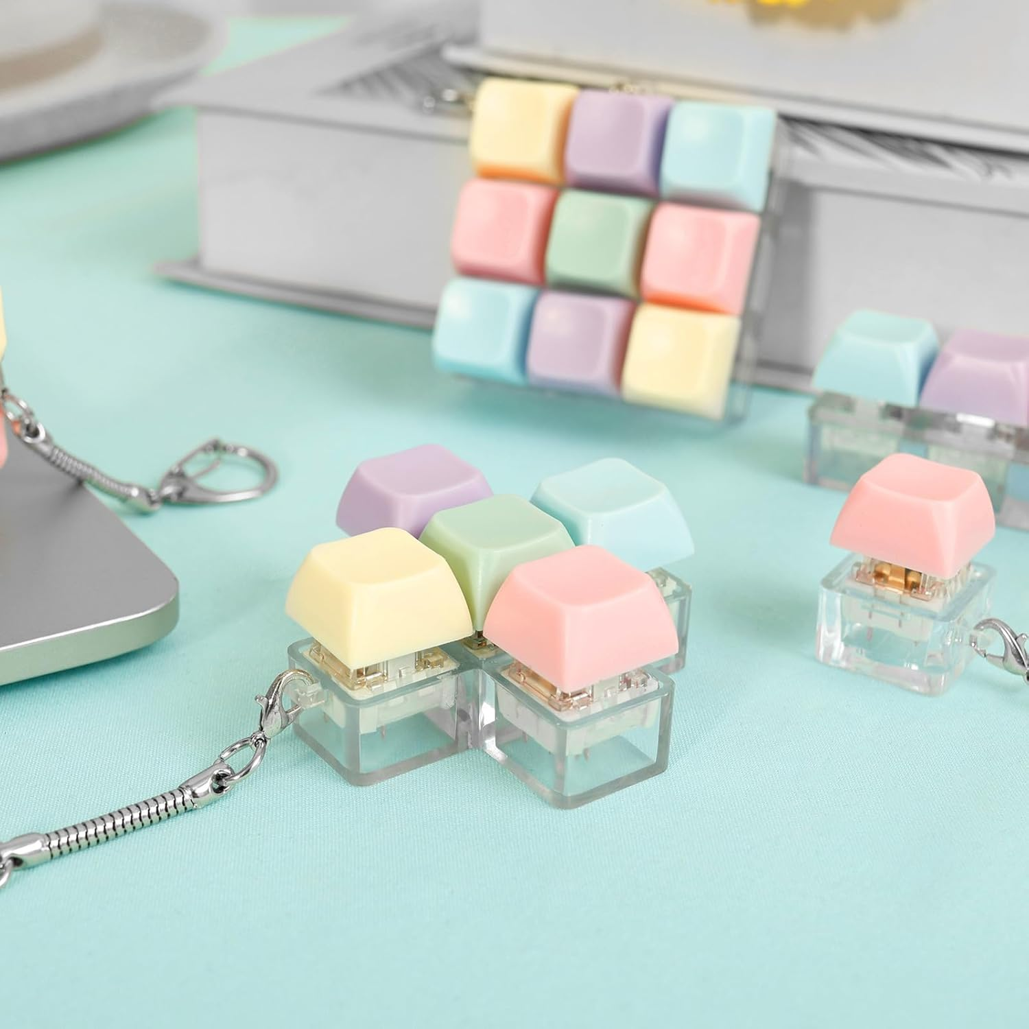 5Pcs Keyboard Toy Decompression Toys Keyboard Clicker Toy Portable Mechanical Keyboard Keychain Skin Picking Keyboard Toy Funny Cube Key Button for Adults image number 6