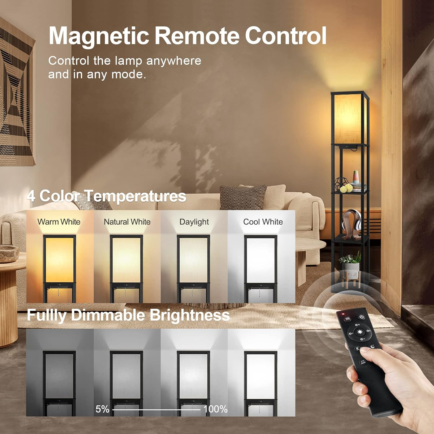 OUTON LED Floor Lamp with Shelves, Dimmable Floor Lamp with 2 USB Ports, Remote Control, 4 Colour Temperature, Storage Display Tall Standing Lamp for Living Room Bedroom Office(Black) image number 6