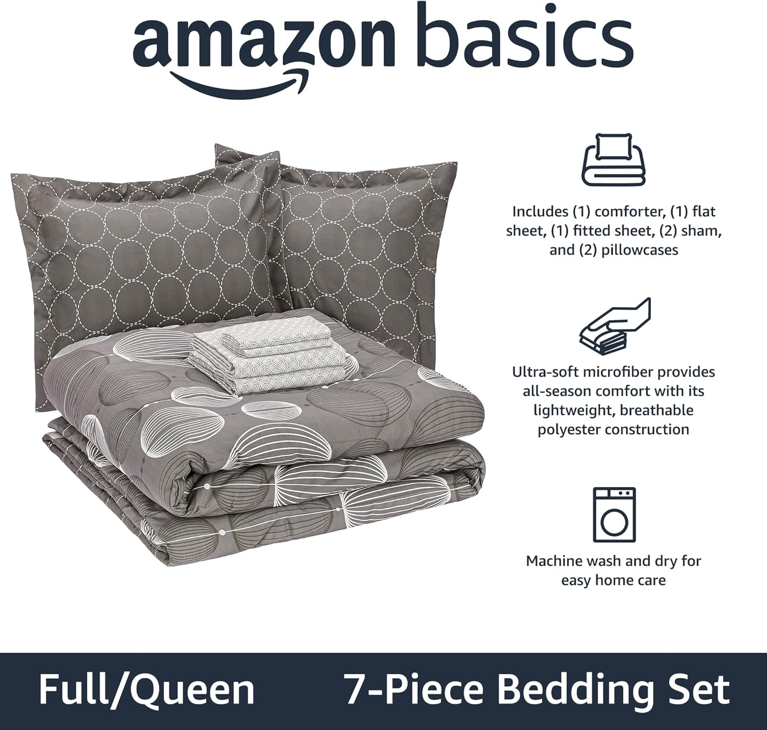 Amazon Basics 7-Piece Lightweight Microfiber Bed-In-A-Bag Comforter Bedding Set - Full/Queen, Industrial Gray image number 6