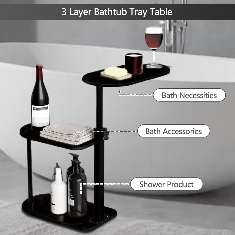 3 Layer Bathtub Tray Table,Bamboo Swivel Bathtub Side Table Height Adjustable,Freestanding Bathtub Tray for Tub against Wall,Bathtub Accessories&Bathroom Organizer for Luxury Home Spa (Black) image number 5