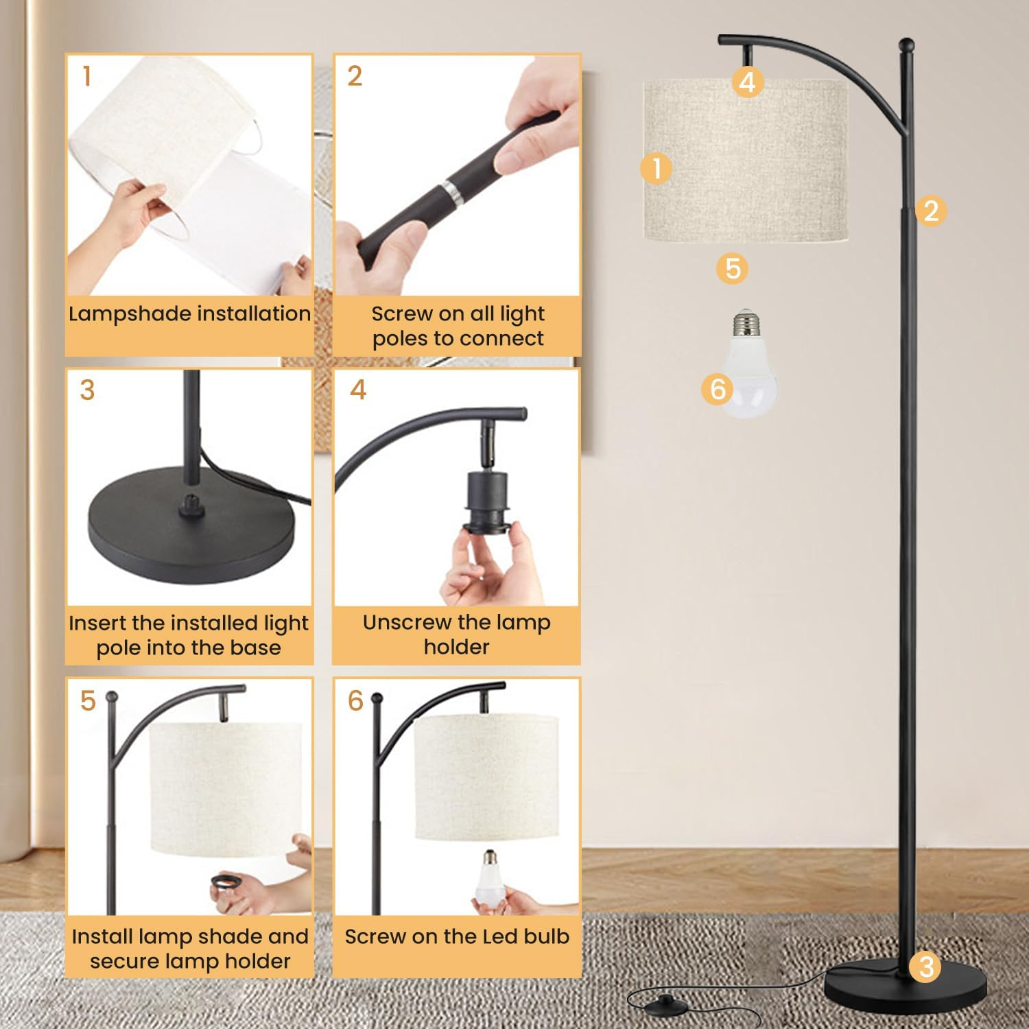 61&lsquo;&rsquo; Floor Lamp for Living Room, Necomi Curved Floor Lamp, 3 Colour Temperatures 3000K-5000K, Modern LED Floor Lamp with 9W LED Bulb and Linen Shade (Adjustable), Bedroom Office Dining Room image number 4