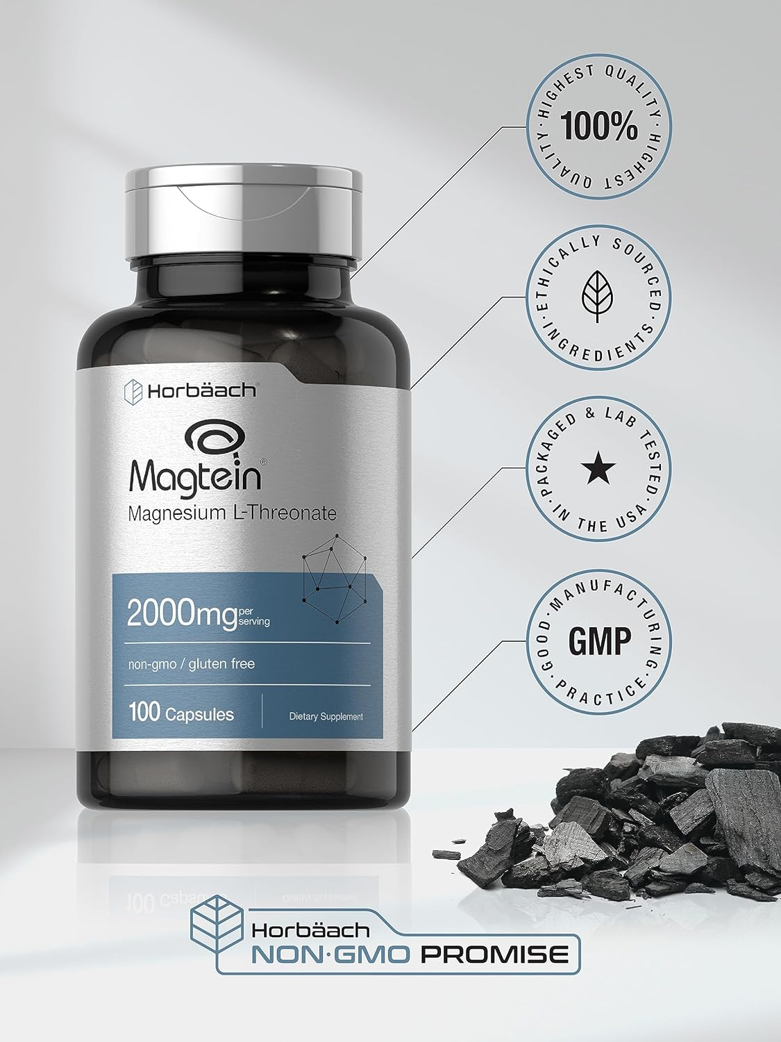 HORZ Magtein Magnesium L-Threonate | 2000Mg Supplement | 100 Capsules | Non-Gmo and Gluten Free | by Horbaach image number 1