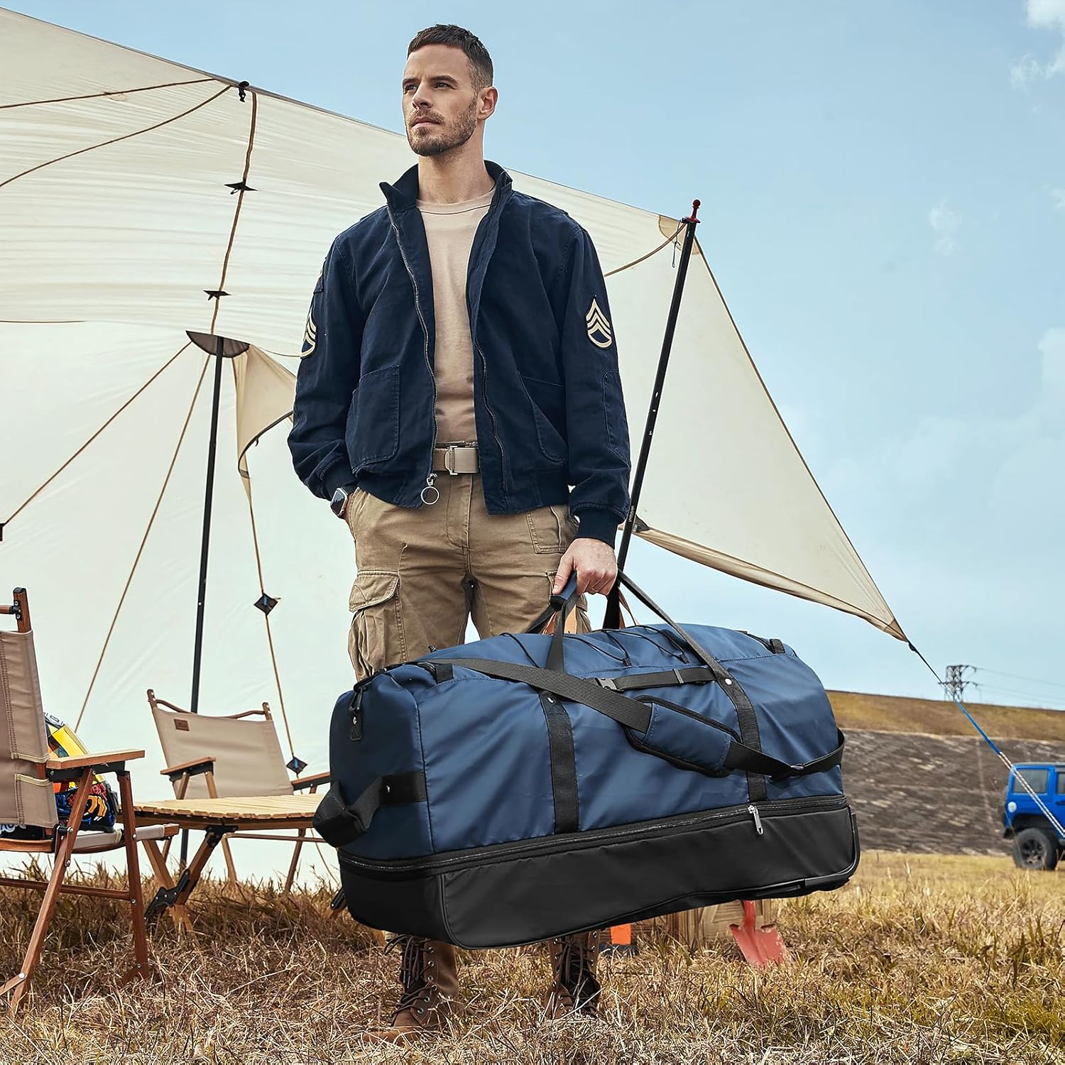 CONTAIL 32" Soft-Sided Rolling Duffle Bag with 2 Wheels,Expandable from 110L to 140L, Foldable Travel Duffel with Multiple Compartments,Navy - Upgrade-Black Red image number 3