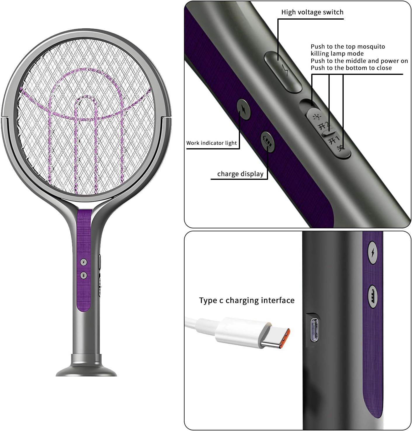 QUMOX Rotating Head Electric Fly Swatter Racket Rechargeable Bug Zapper Racket Bug Zapper Indoor Fly Zapper Mosquito Zapper Flies Killer for Indoors, with a Telescopic Extension Black image number 6