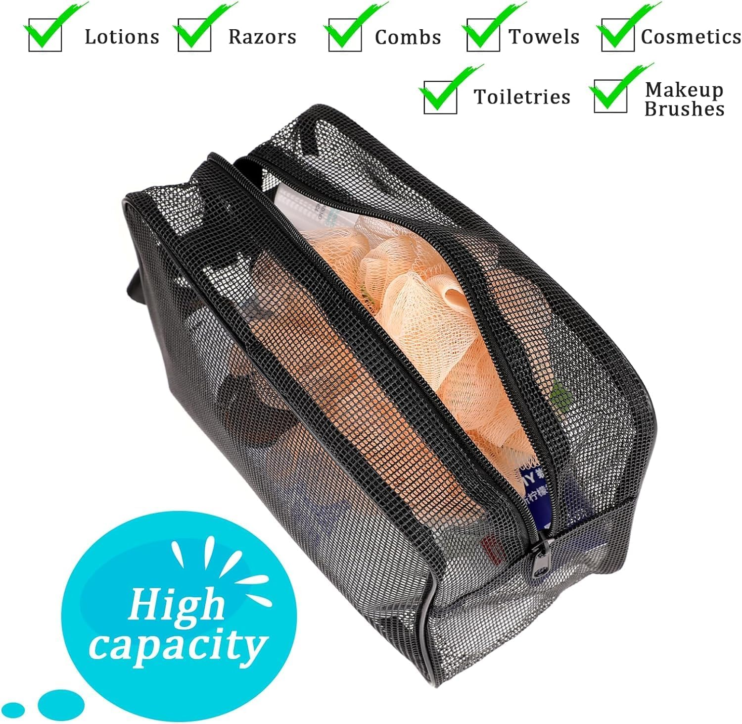 Black Mesh Shower Caddy Toiletry Bag, Portable Zippered Shower Bag with Handle for Bathroom & Dorm Room