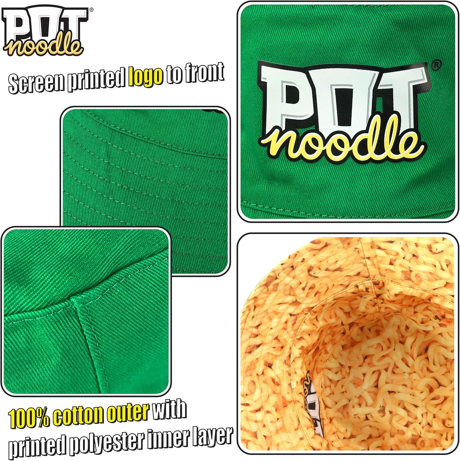 Kimm & Miller Pot Noodle Bucket Hat - Unisex Womens & Mens Bucket Hat - Reversible Design - Novelty Festival Accessories - Funny Hats in Green & Noodle Print, Green, One Size image number 4