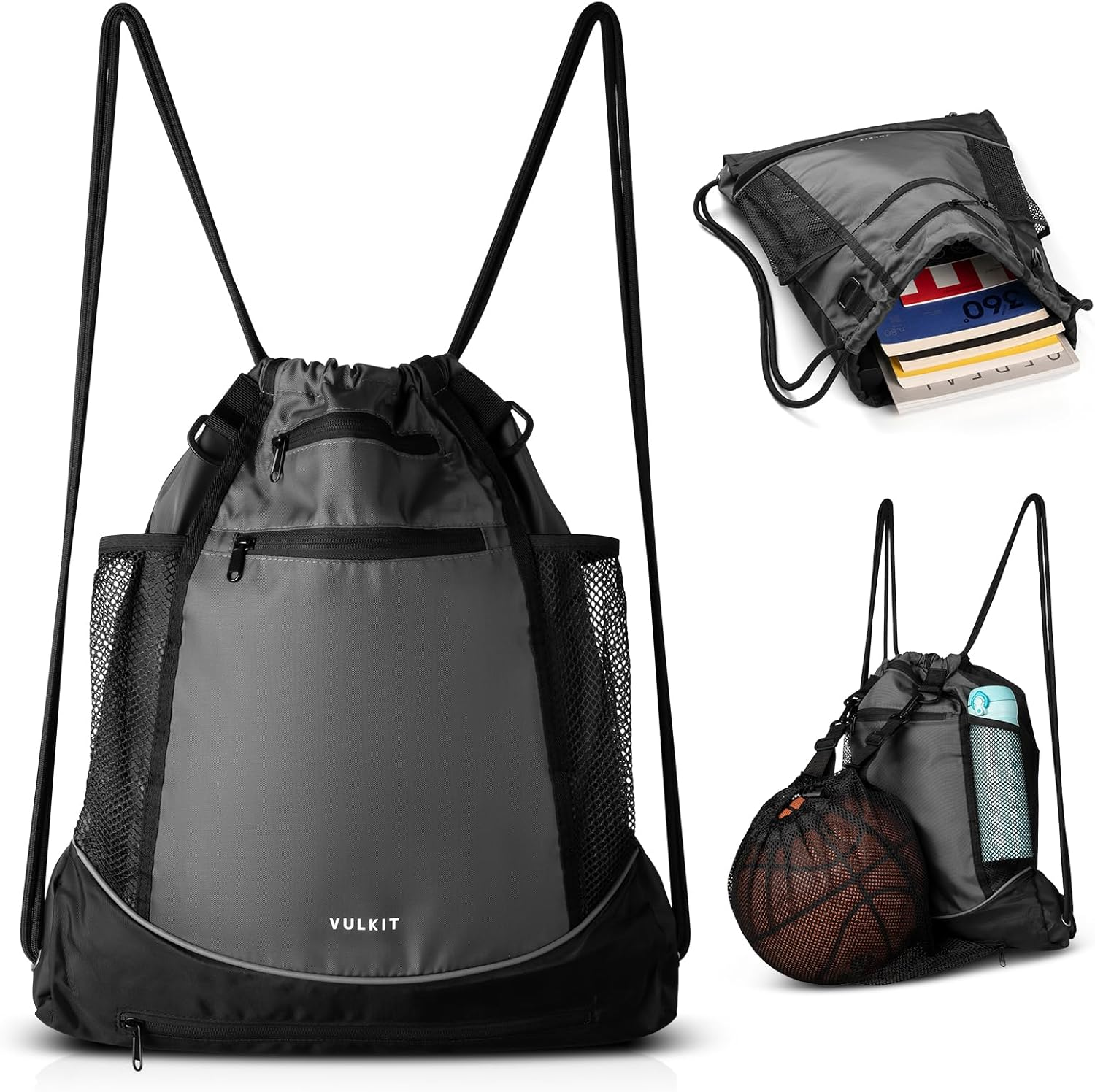 VULKIT Drawstring Backpack, Gym Bags for Men & Women with Large Front Mesh Pocket for Basketball Soccer Gears,Swim Bag