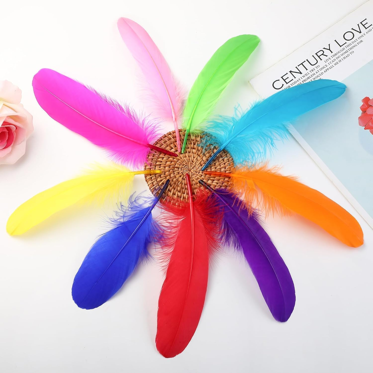 Liuliu Rabbit Colorful Goose Feathers for Crafts - 150Pcs 6-8Inch Craft Colored Feathers for DIY Crafts,Angel Wings,Dream Catcher and Wedding Party Decor image number 1