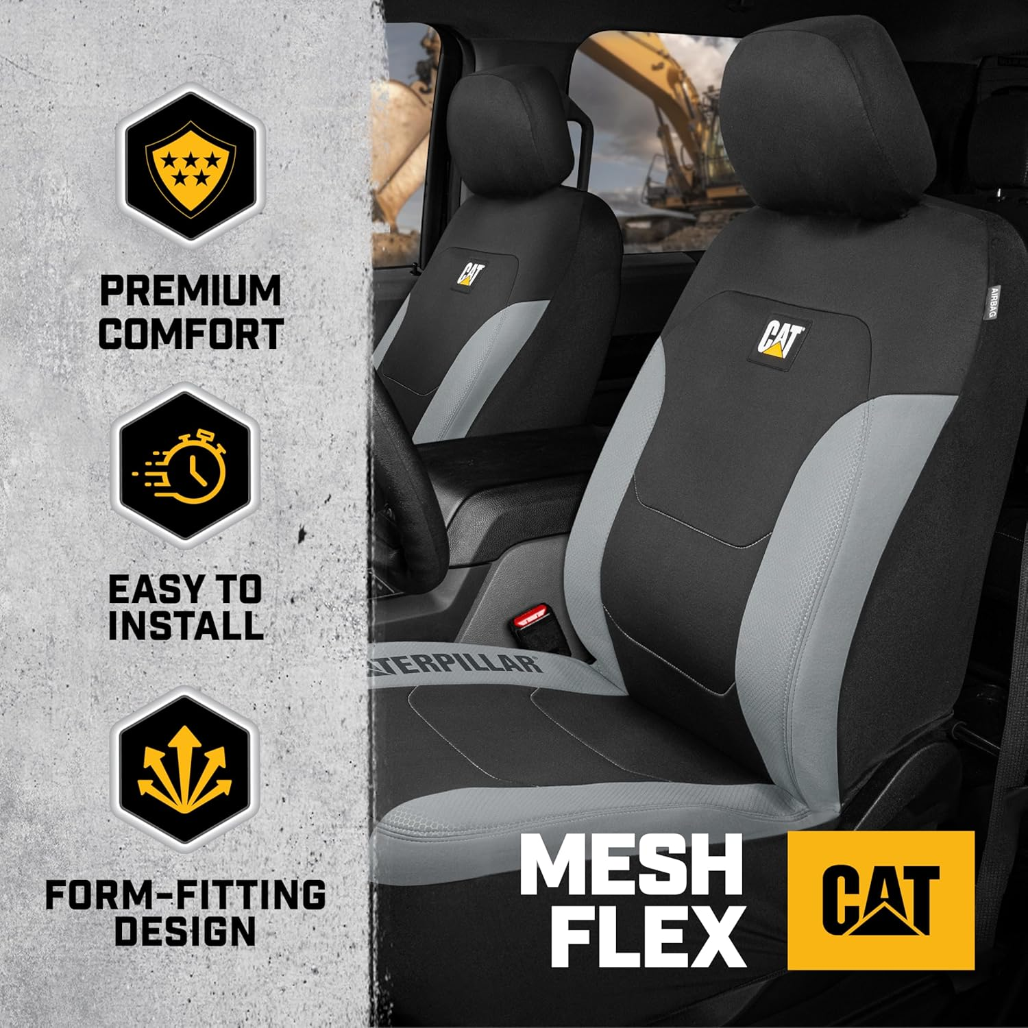 Caterpillar Flexfit Automotive Seat Covers for Cars Trucks and Suvs (Set of 2) &ndash; Black Car Seat Covers for Front Seats, Seat Protectors with Gray Honeycomb Trim, Auto Interior Covers image number 6