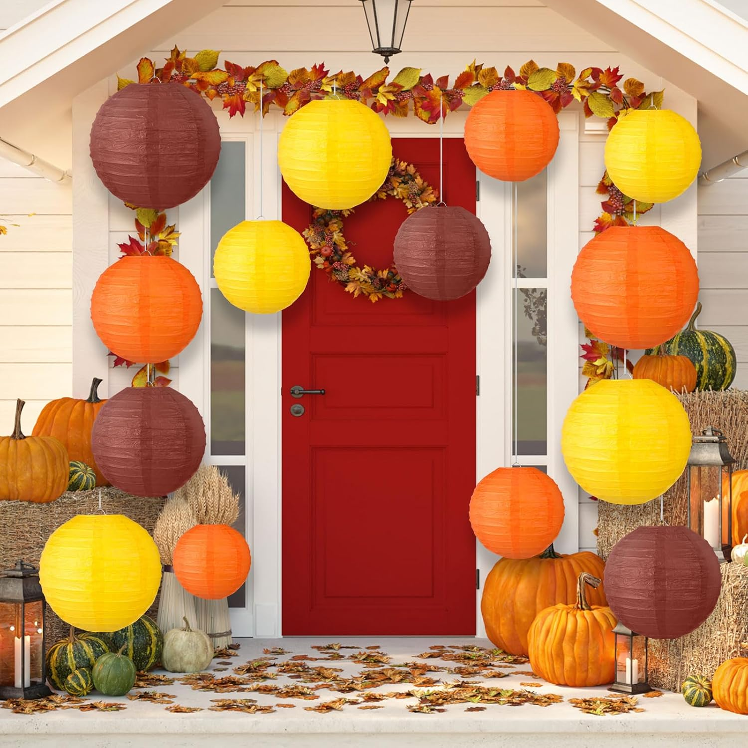 Chuangdi 12 Pcs Fall Paper Lanterns Yellow Orange Brown Thanksgiving Party Paper Lanterns Family Reunion Decorations Autumn Decorative round Hanging Party Decorations for Harvest Indoor Outdoor image number 4
