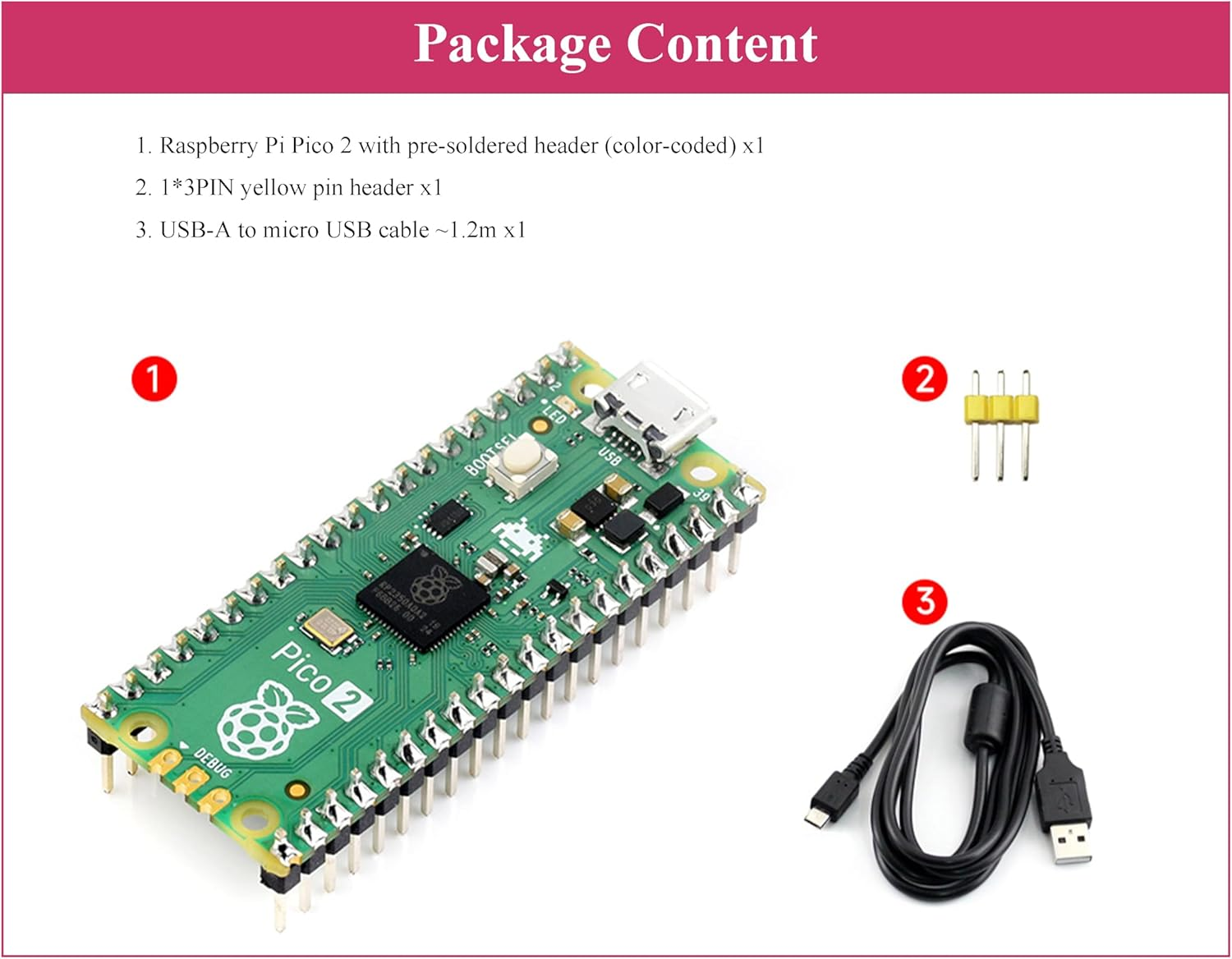 Pico 2 with Pre-Soldered Color-Coded Header Compatible with Raspberry Pi Pico 2 Microcontroller, Based on RP2350, Dual-Core ARM Cortex-M33 and Dual-Core Hazard3 RISC-V Processor 4MB Flash, 3 Items