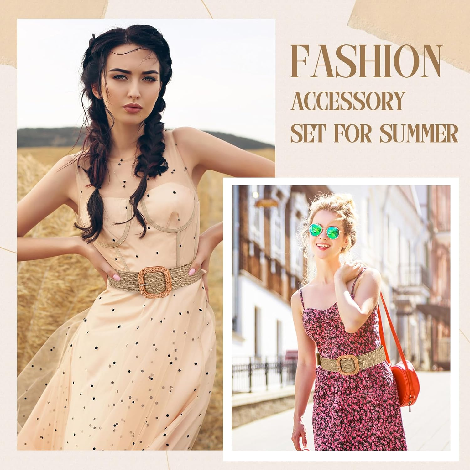 Syhood Women Straw Woven Belt Elastic Rattan Waist Belt Stretch Boho Dress Braided Belt Raffia Belt with Wood Buckle for Girl - Purple image number 3