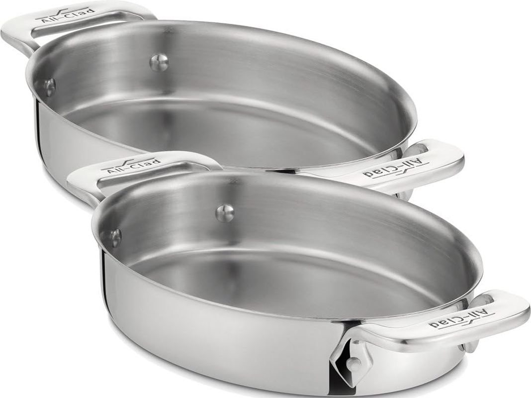 All-Clad 59900 Stainless Steel 7-Inch Oval-Shaped Baker Specialty Cookware Set, 2-Piece, Silver image number 1