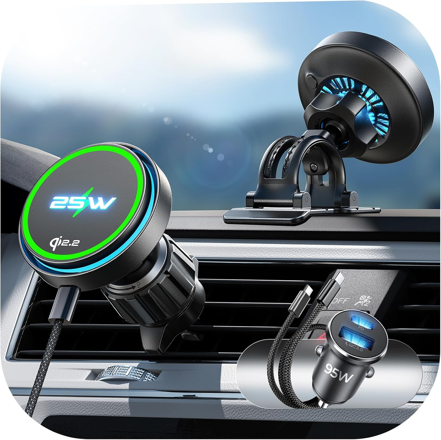 LISEN for Qi2.2 25W Magsafe Car Charger Mount，[Top Spec with Cooling Fan＆95W Custom Adapter] Magnetic Wireless Car Charger Fast Charigng for Iphone 17/16 Pro Max plus Air with Ios26，Vent or Dashboard