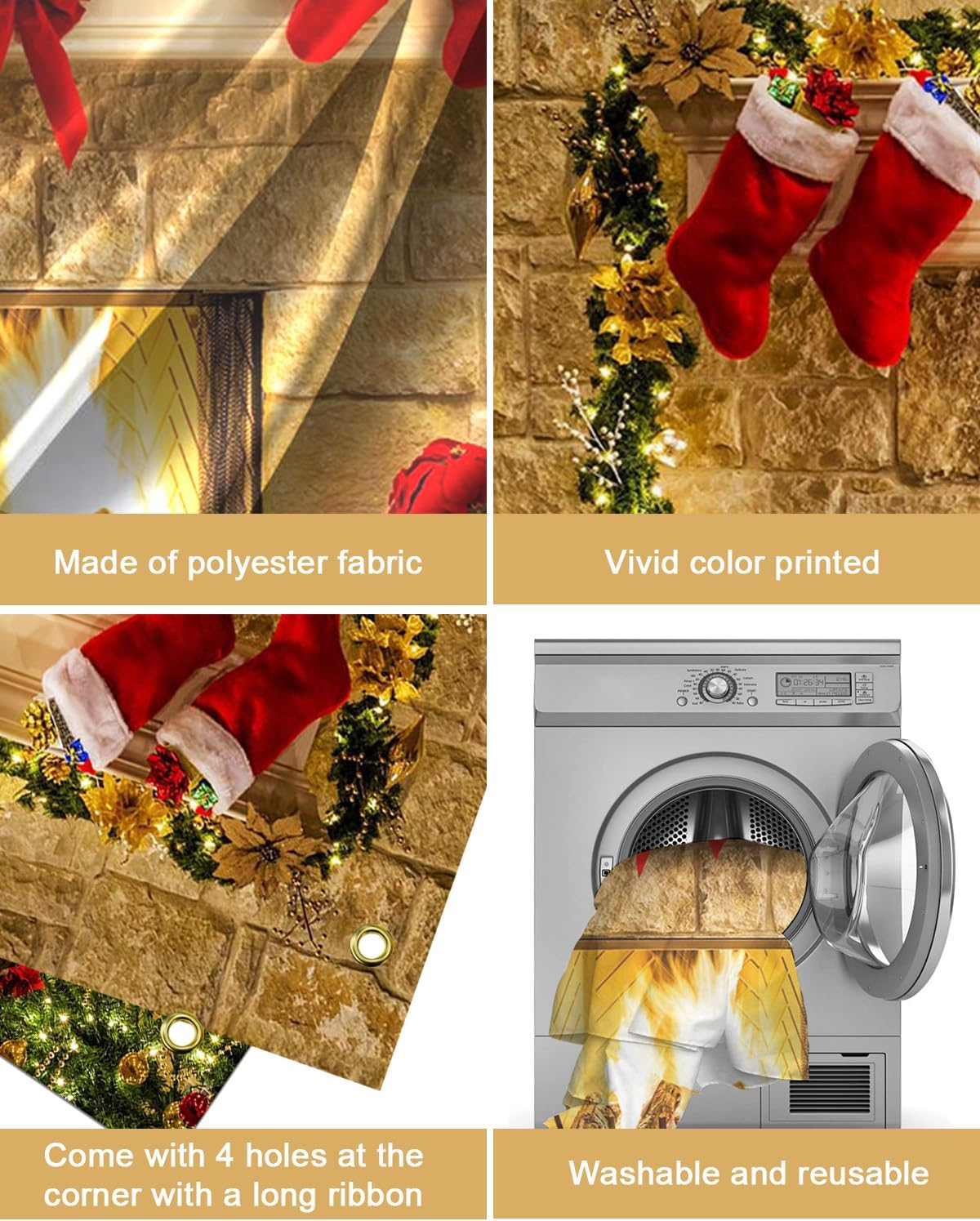 Mocsicka Christmas Themed Background Christmas Fireplace Backdrop Christmas Tree Gift Box Red Boots Adorn Background 8X6Ft Vinyl Backdrop Childrens Party Photography Background image number 2