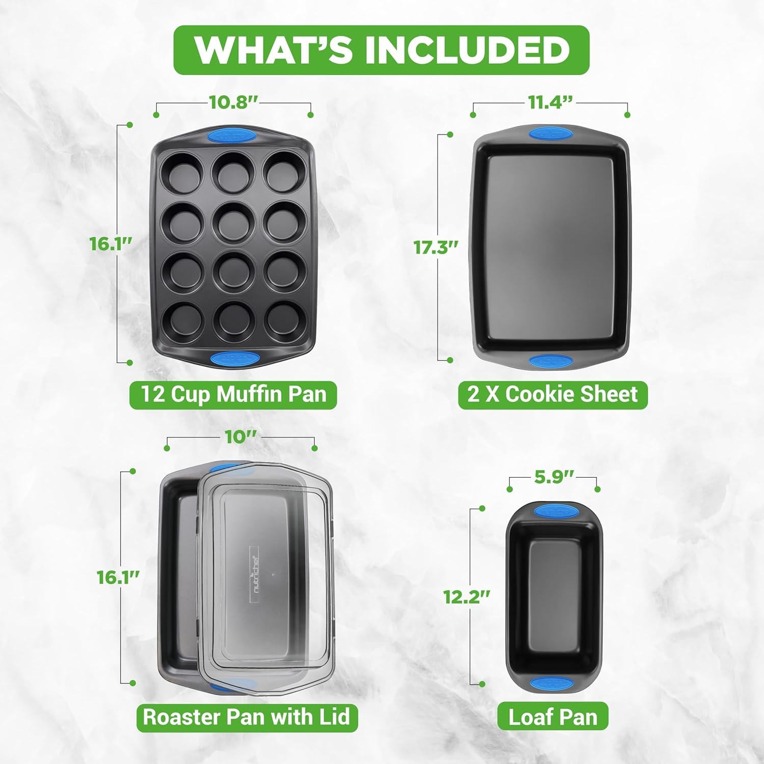 Nutrichef 6-Piece Baking Pan Set - PFOA, PFOS, PTFE Free Flexible Nonstick Gray Coating Carbon Steel Bakeware - Professional Home Kitchen Bake Cookie Sheet Stackable Tray W/Blue Silicone Handles - Gold image number 2