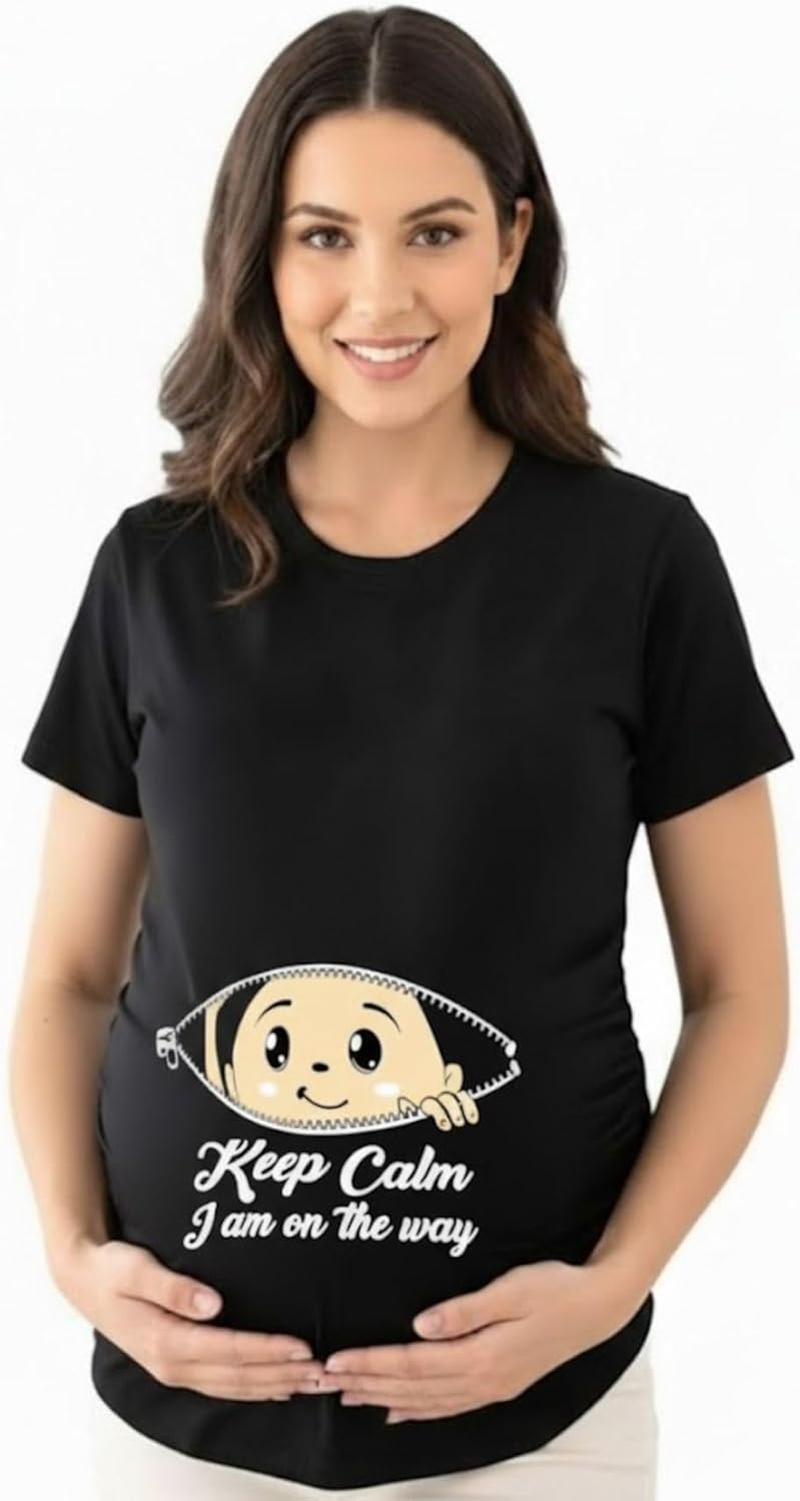 Maternity Tops Essentials with Coming Soon Baby Feetprint Graphics Tees Short Sleeves Side Ruched T-Shirt image number 3