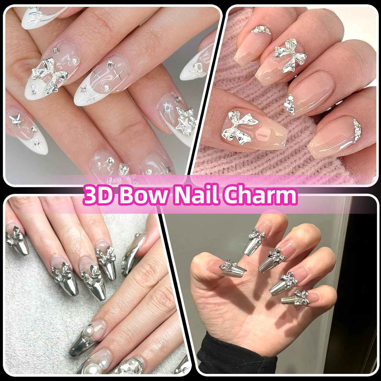 60 Pcs Metal Bow Nail Charms, Alloy Nail Bows 3D Golden Silver Gray Bowknots Charms for Nails,Nail Art Accessories Manicure Nails DIY Charms, Luxury Shiny Bow Tie Nail Gems Charms image number 3