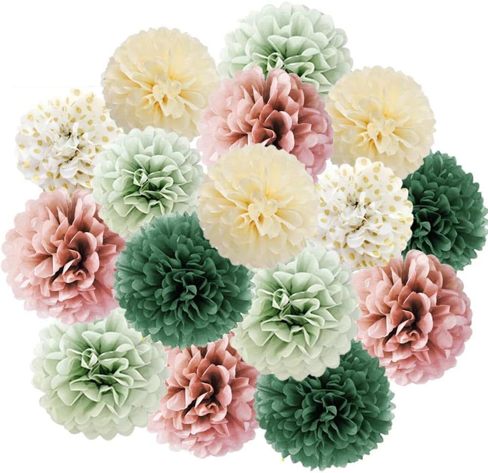 16Pcs Dusty Rose Olive Sage Green Tissue Paper Pom Poms Flowers Sage Green Dusty Pink Party Decorations for Bridal Shower Baby Shower Rustic Wedding Birthday Engagement Party Decorations image number 2