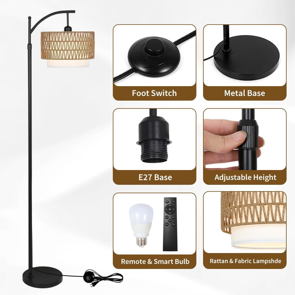 Clora Floor Lamp Standing Lamp 3 Color Temperatures Farmhouse Floor Lamps with Remote Dimmable Bulb Rattan & Fabric Shades Adjustable Tall Lamp for Bedroom Office image number 3