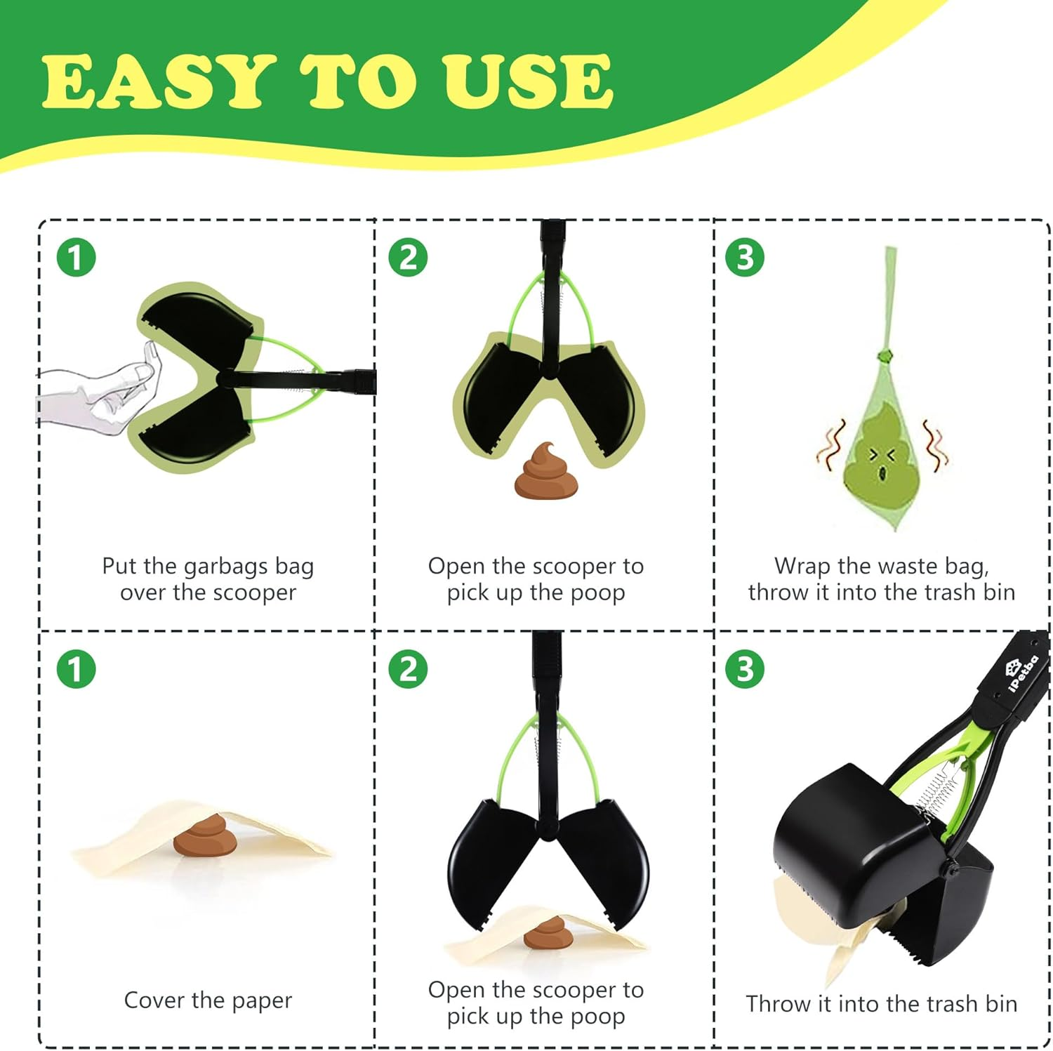 Ipetba Mini Foldable Pooper Scooper 45Cm <4 in 1> Long Handle Portable Pet Poop Picker with Poop Bag and Dispenser Durable Spring Lightweight Waste Pick up Great for Lawns Grass Dirt image number 1