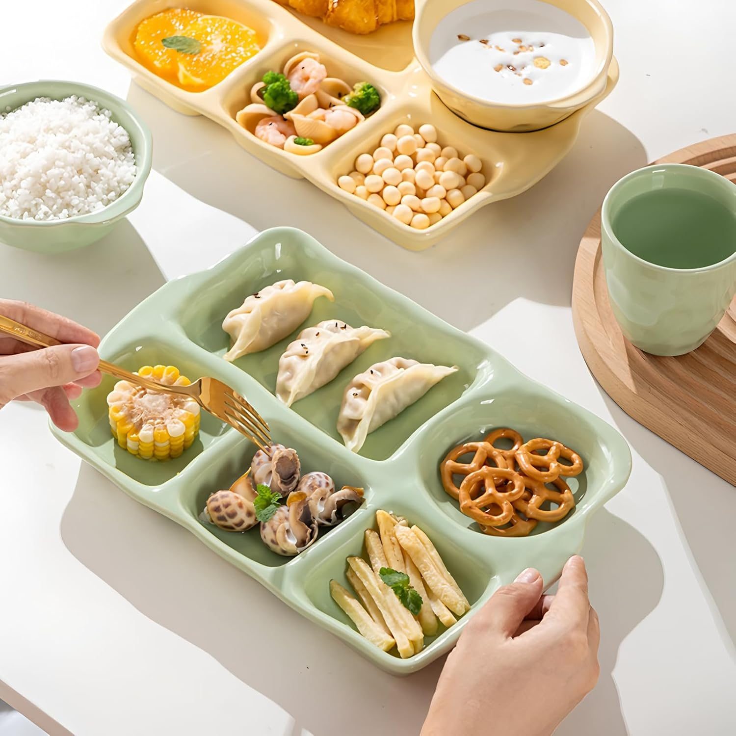 Ceramic Divided Plate, Green 5 Compartment Rectangular Dinner Plate, Precise Portion Control, Dalanced Nutrition, Oven and Microwave Safe, Suitable for All Occasions