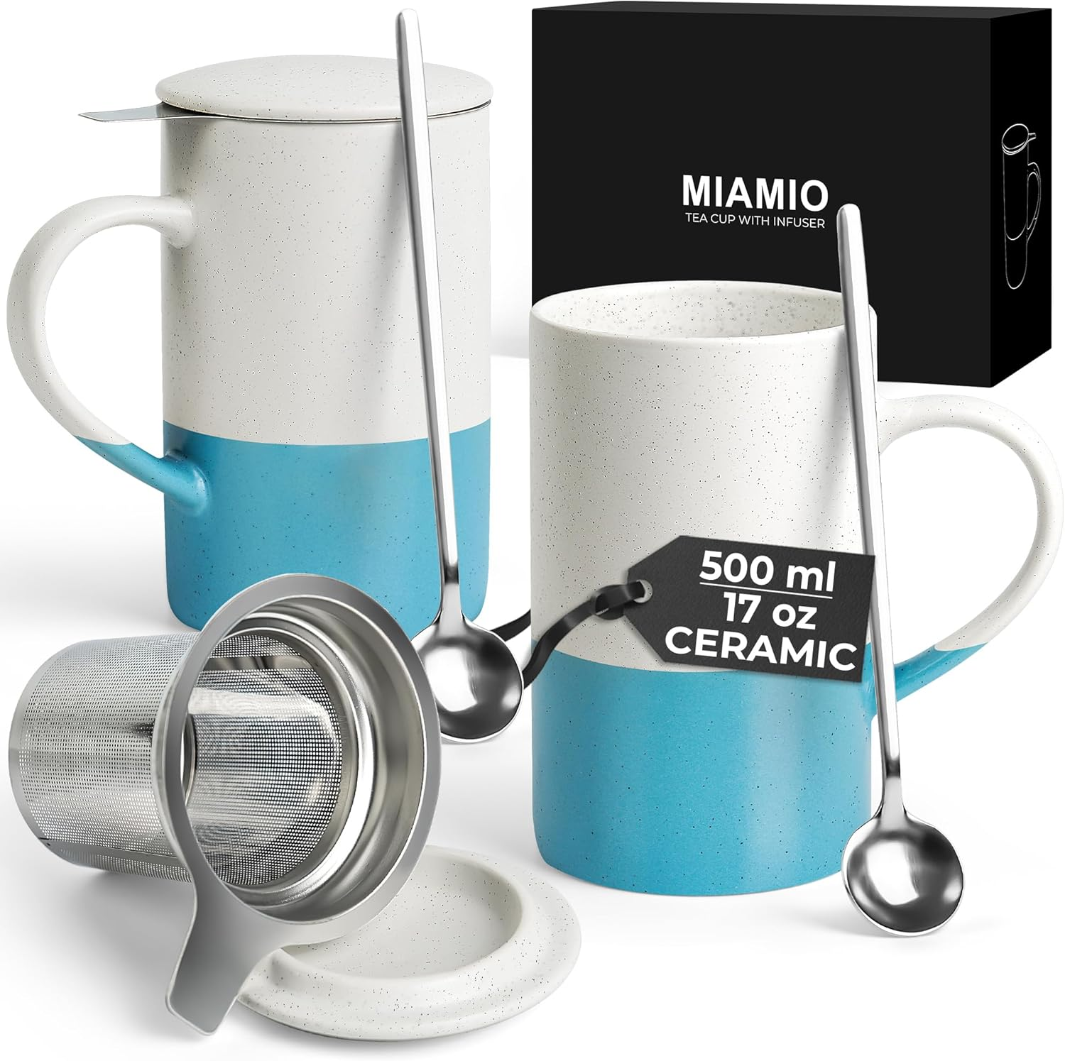 MIAMIO - Tea Cup Set 2 X 500 Ml with Infuser and Lid/Ceramic Tea Mug with Infuser and Spoon for Steeping Loose Leaf Tea, Gifts for Tea Lovers - Microwave & Dishwasher Safe (Blue)