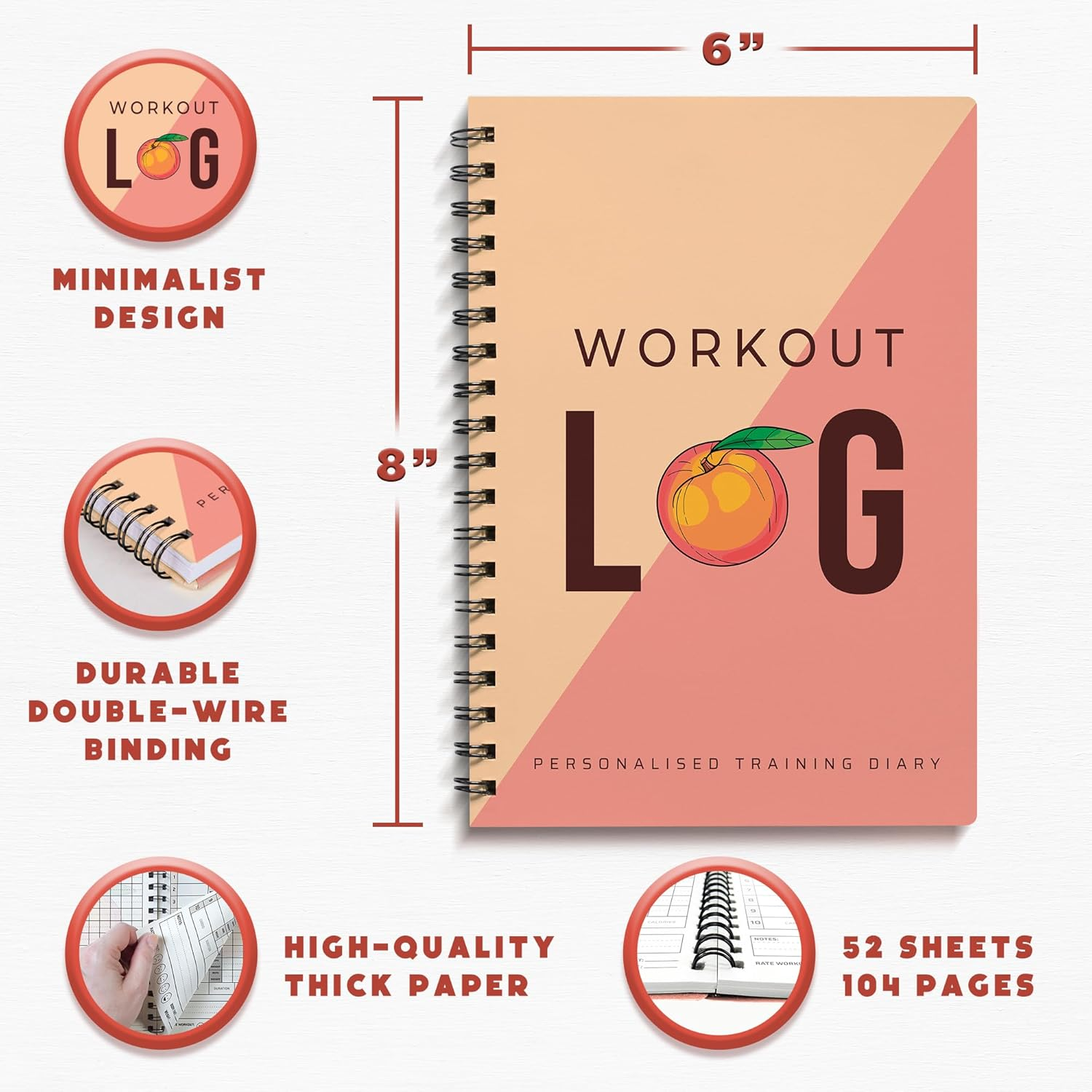 Workout Log Gym - XL 5" X 8"/A5 Sized Training and Gym Diary - Set Your Fitness Goals, Track 100 Workouts and Record Your Progress in Clear Detail (Peach) - Avo Green image number 4