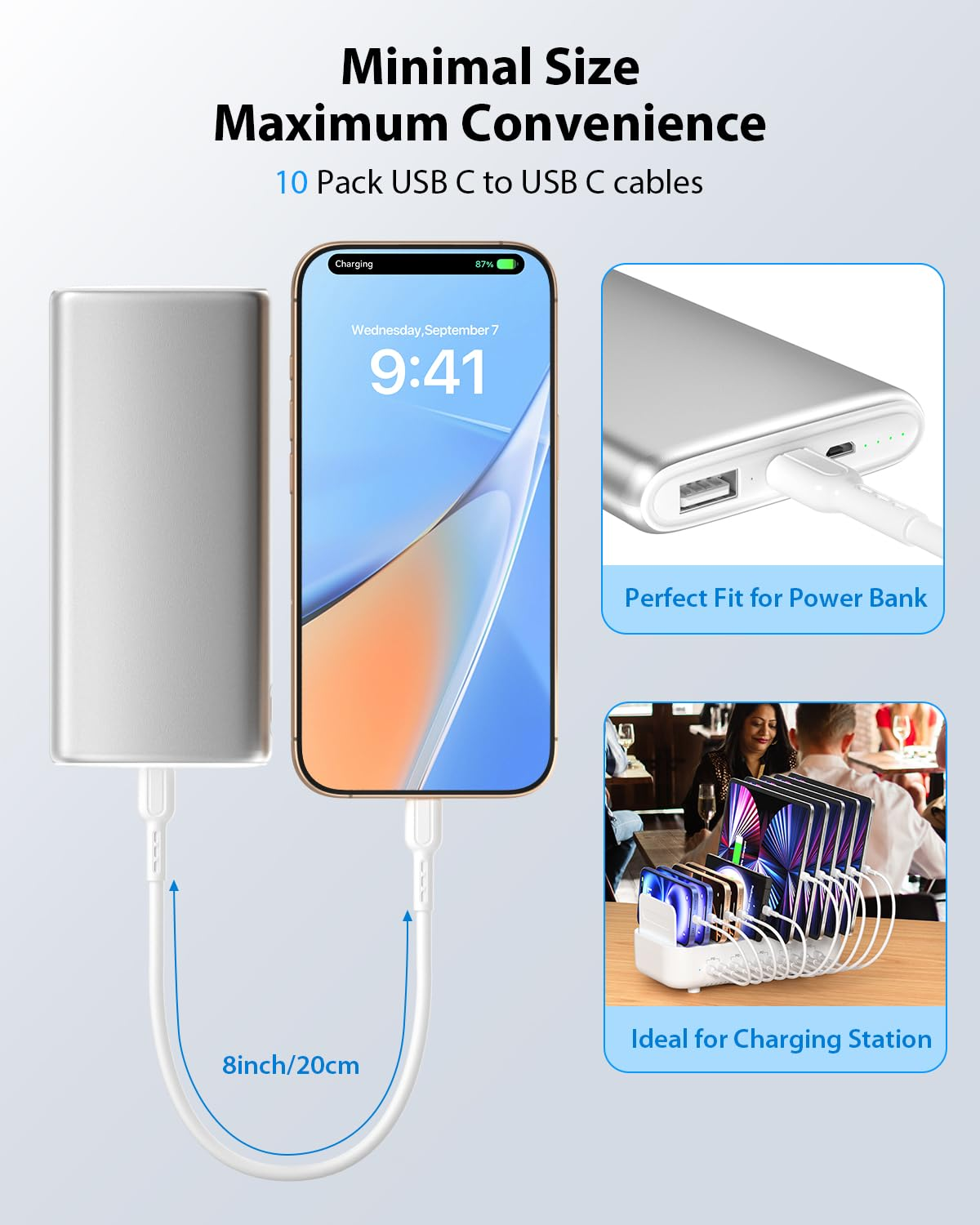 Soopii 10-Pack 8 Inch USB C to USB C Cables,0.7Ft 60W Short Type C Fast Charging Cables for Lphone 15/16,Pro/Plus/Pro Max,Galaxy S24/S23,Ipad,Macbook,Charging Station and Power Bank Accessory(White) - White image number 2