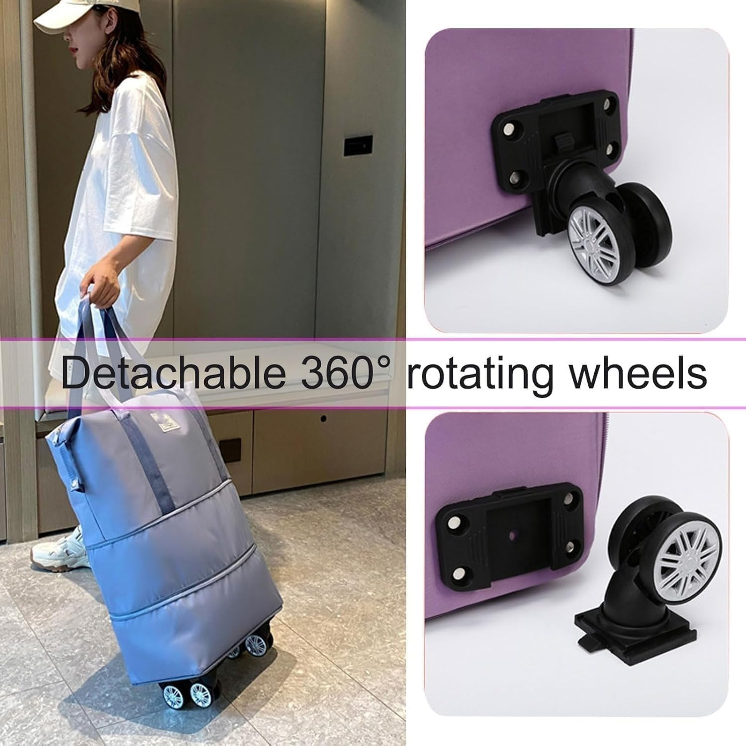 Kulken Travel Bag with Wheels, Kulken 2025 New Large Capacity Travel Bag - Universal Wheel Removable, Expandable Foldable Duffle Bags, Wide-Open Travel (Dark Purple) - Black image number 5