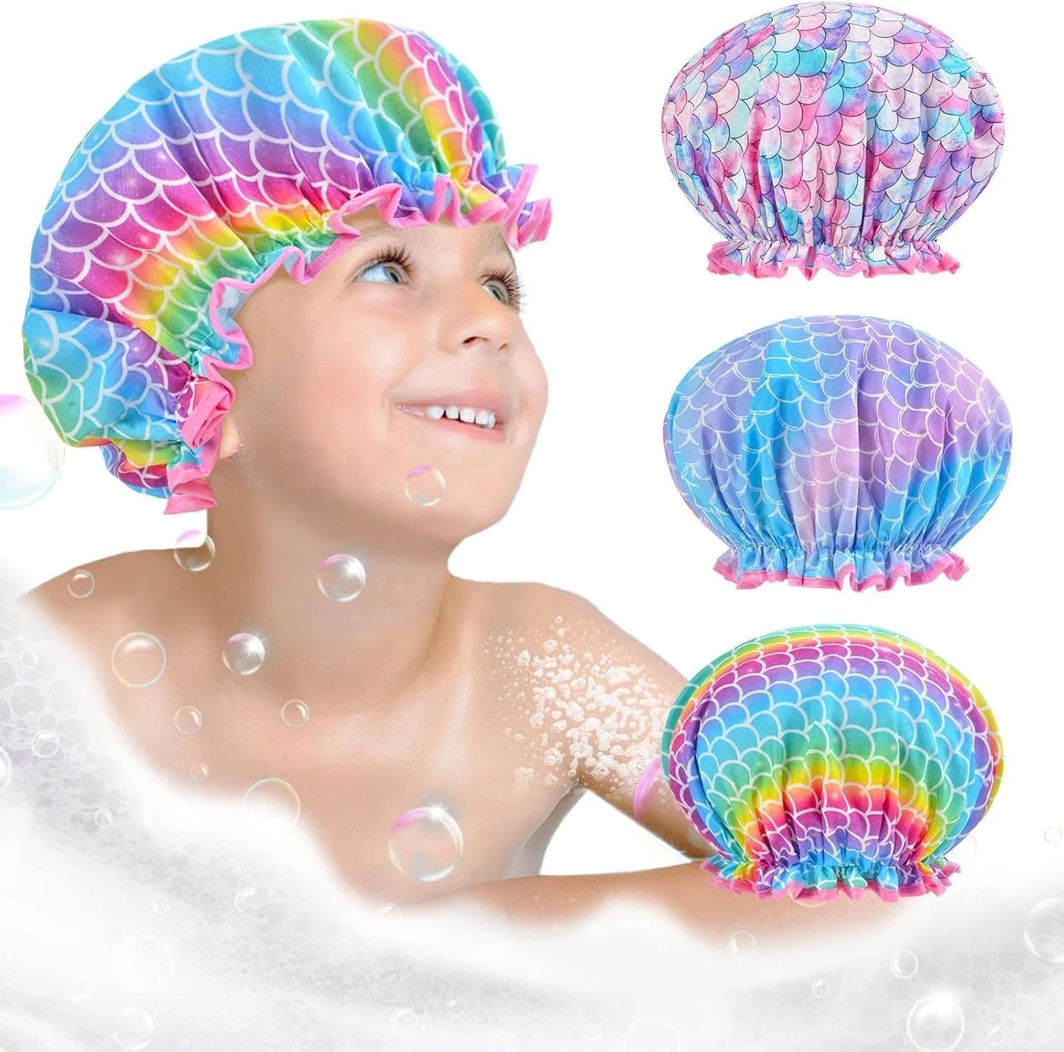 Unron 3 Pcs Kids Shower Cap for Girls, Waterproof and Reusable with Elastic Band, Breathable and Comfortable, Adjustable Large Shower Hat, Compatible with Most Kids' Head Sizes, by Unron image number 3