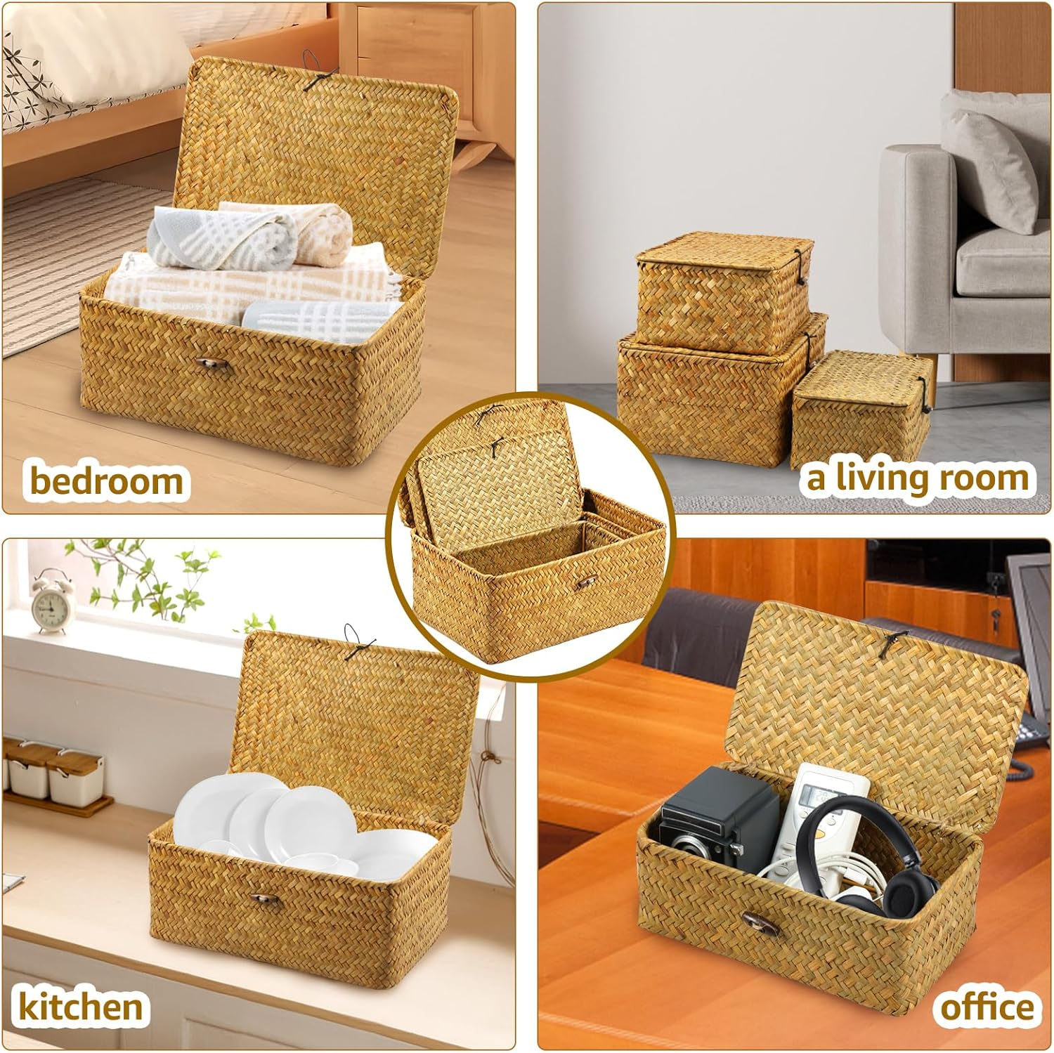 3 Pcs Hay Storage Basket - Handmade Woven Box with Lid, Sturdy Enduring Multifunctional Stackable Easy to Clean Basket for Toys Cosmetics Bathroom image number 1