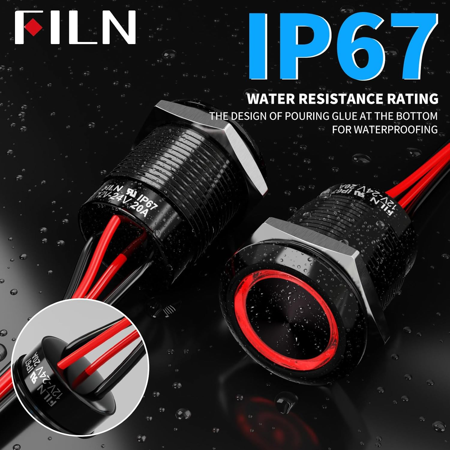 FILN-2PCS Latching Pushbutton Switch Power Includes 180 Replacement Symbols 12V 19Mm Mounting Hole 20A IP67 Waterproof for Cars Boat(Green) - Blue-Latching-12V -24V image number 4