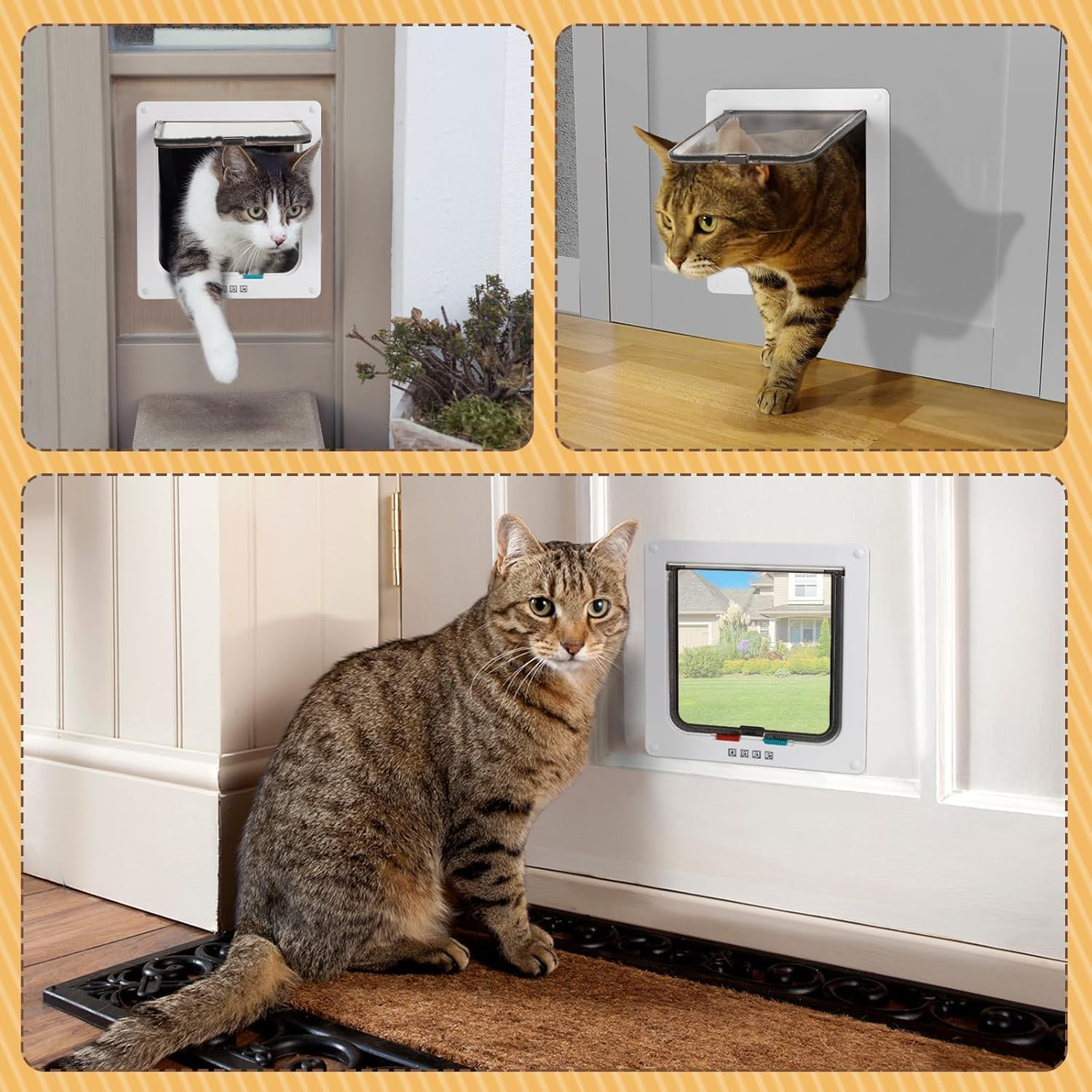 Aymxcls Cat Door Safety Pet Sliding Door with 4 Way Lock, Weatherproof Cat Flap for Interior Exterior Door Window Wall