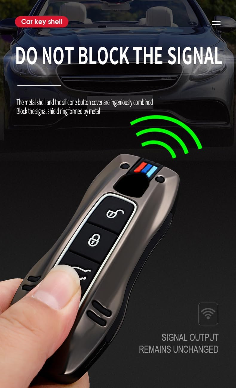 HIBEYO 3/4 Button Key Fob Cover for Porsche 911 Cayenne Macan Panamera Taycan Smart Key Cover for Porsche Keyless Entry Remote Shell Accessories-A Keychain Black - 3 Button A Keychan Black image number 3