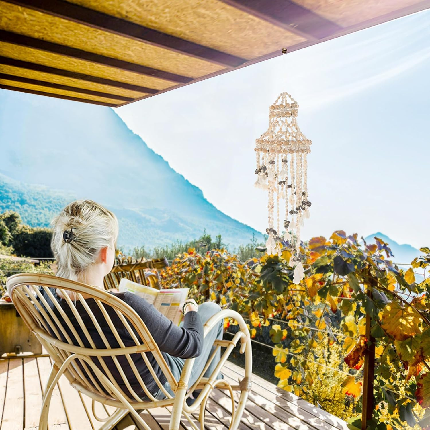 Veemoon Hanging Shell Wind Chime, Decorative Ocean Ring Chime Outdoor Chimes Artistry Seashell Wind Bell for Indoor Outdoor Garden Home Decor image number 6