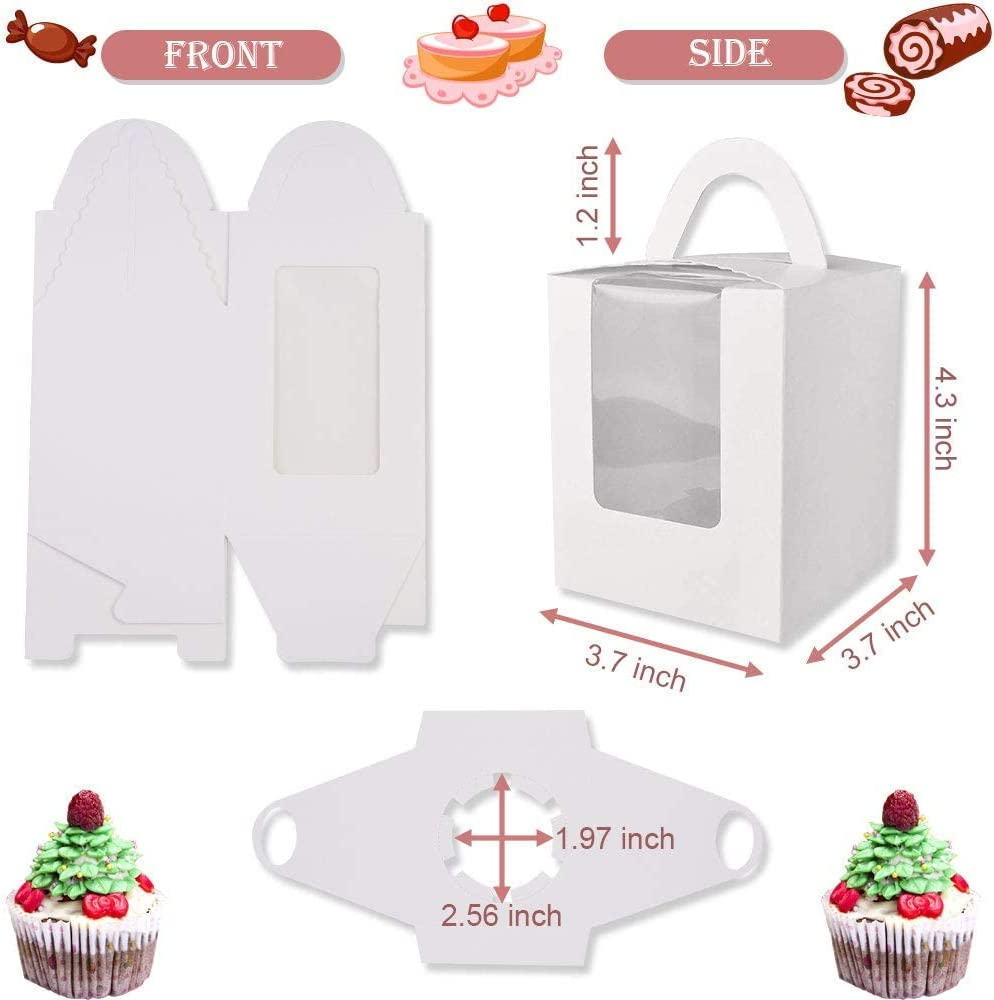 50 Pack Cupcake Boxes, White Individual Cupcake Containers Single Cupcake Boxes Cupcake Holder with Windows Handle and Inserts for Muffins Cocoa Bombs Packaging Baking Wrapping Birthdays Party image number 2