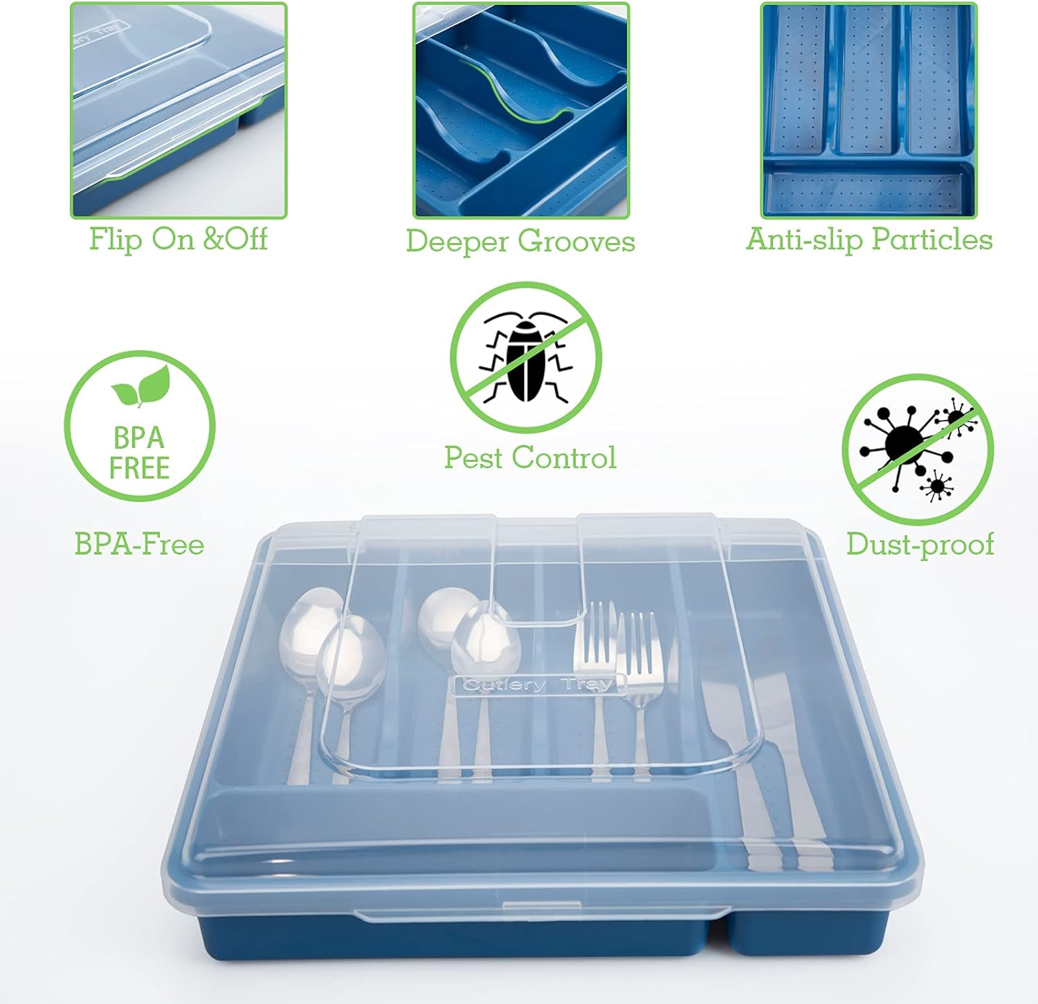 QINOL Silverware Tray with Lid, Utensil Holder for Kitchen Counter Plastic Flatware Organizers and Storage Holder 5 Compartments Blue - Blue image number 4