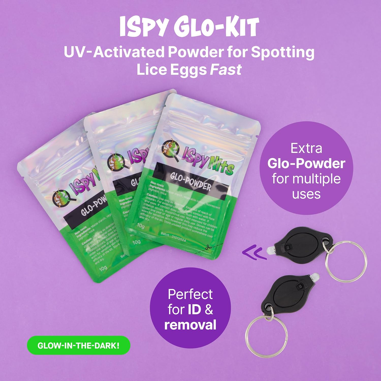 Ispy Glo-Kit Head Lice Treatment & Detection Kit with Biofluorescent Glo-Powder &ndash; Spot Nits Fast under UV Light &ndash; Safe, Non-Toxic Ingredients &ndash; Includes 3 Sachets Glo-Powder & 2 UV Detection Lights &ndash; Reusable, Kid-Friendly image number 3