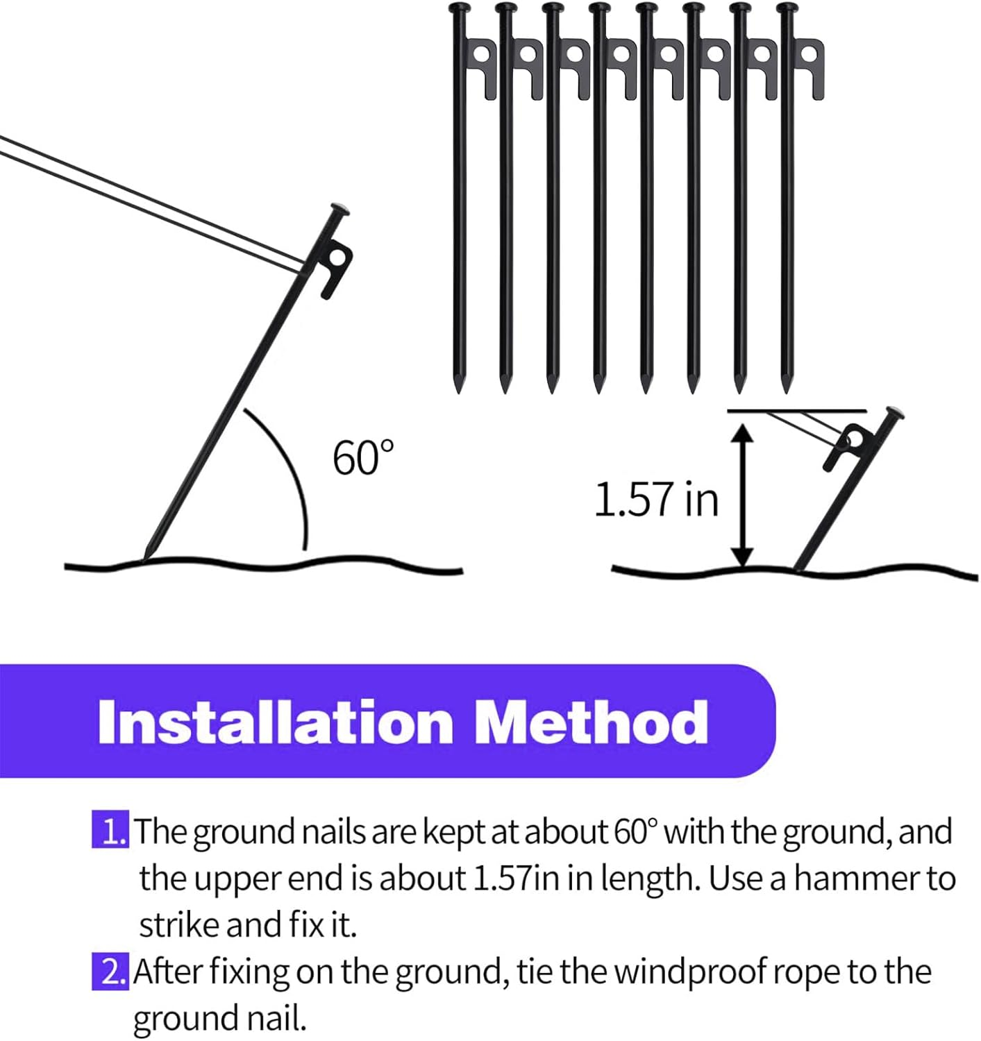 Tent Pegs, 8 Pcs Tent Stake and Hammer Set, 7.6 Inch Heavy Duty Forged Steel Tent Stakes, Camping Hammer and Storage Bag for Pop up Tent, Camping Tent image number 2