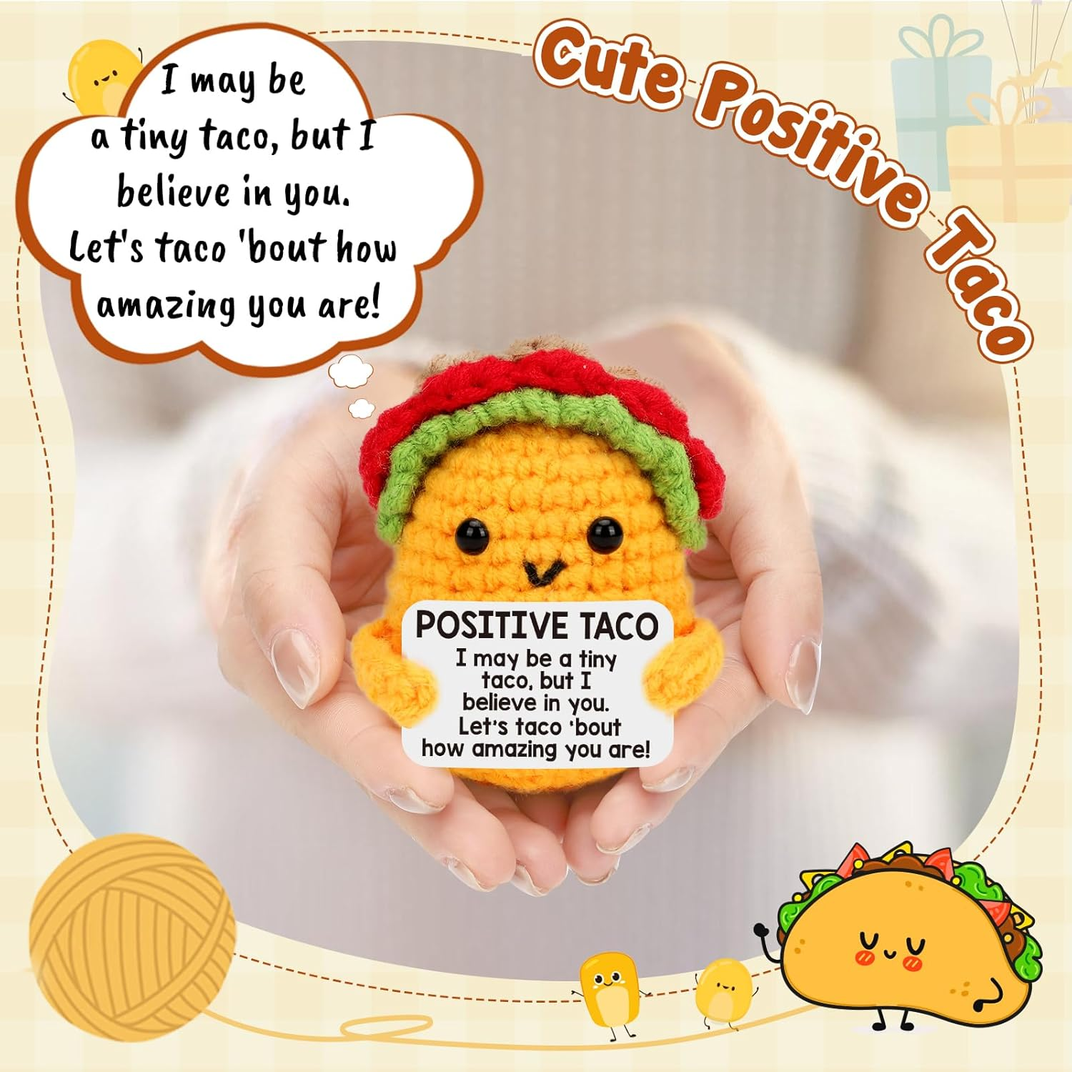Tusuqing Mini Positive Crochet Taco Emotional Inspirational Support Christmas Small Gifts for Women Birthday Gifts, Handmade Knitted Crochet Animals Christmas Stocking Stuff Idea Cute Taco Desk Decor image number 3