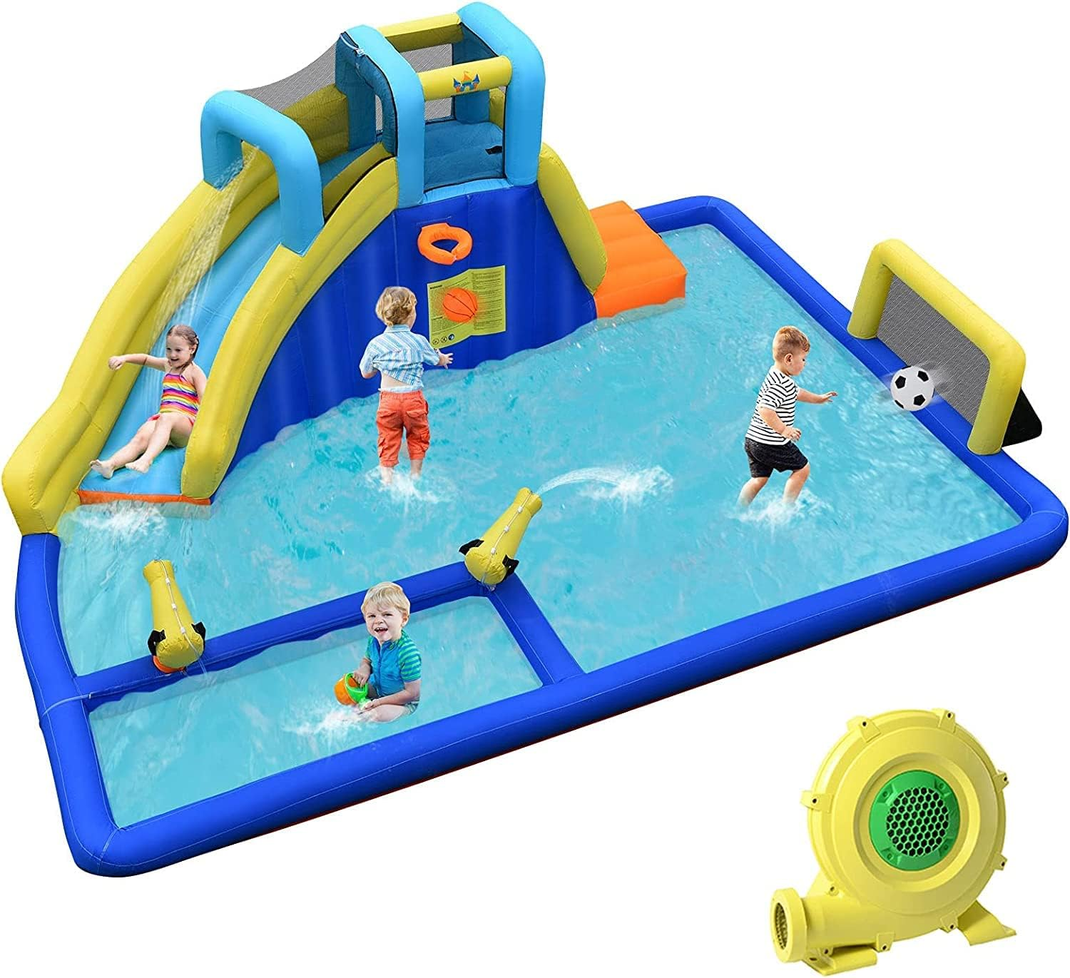 HONEY JOY Inflatable Water Slide for Kids, 6-In-1 Kids Giant Water Park W/Large Water Soccer Splash Pool, Water Cannons, Basketball Rim, Blow up Kids Water Slide for Backyard (With 680W Blower) image number 5