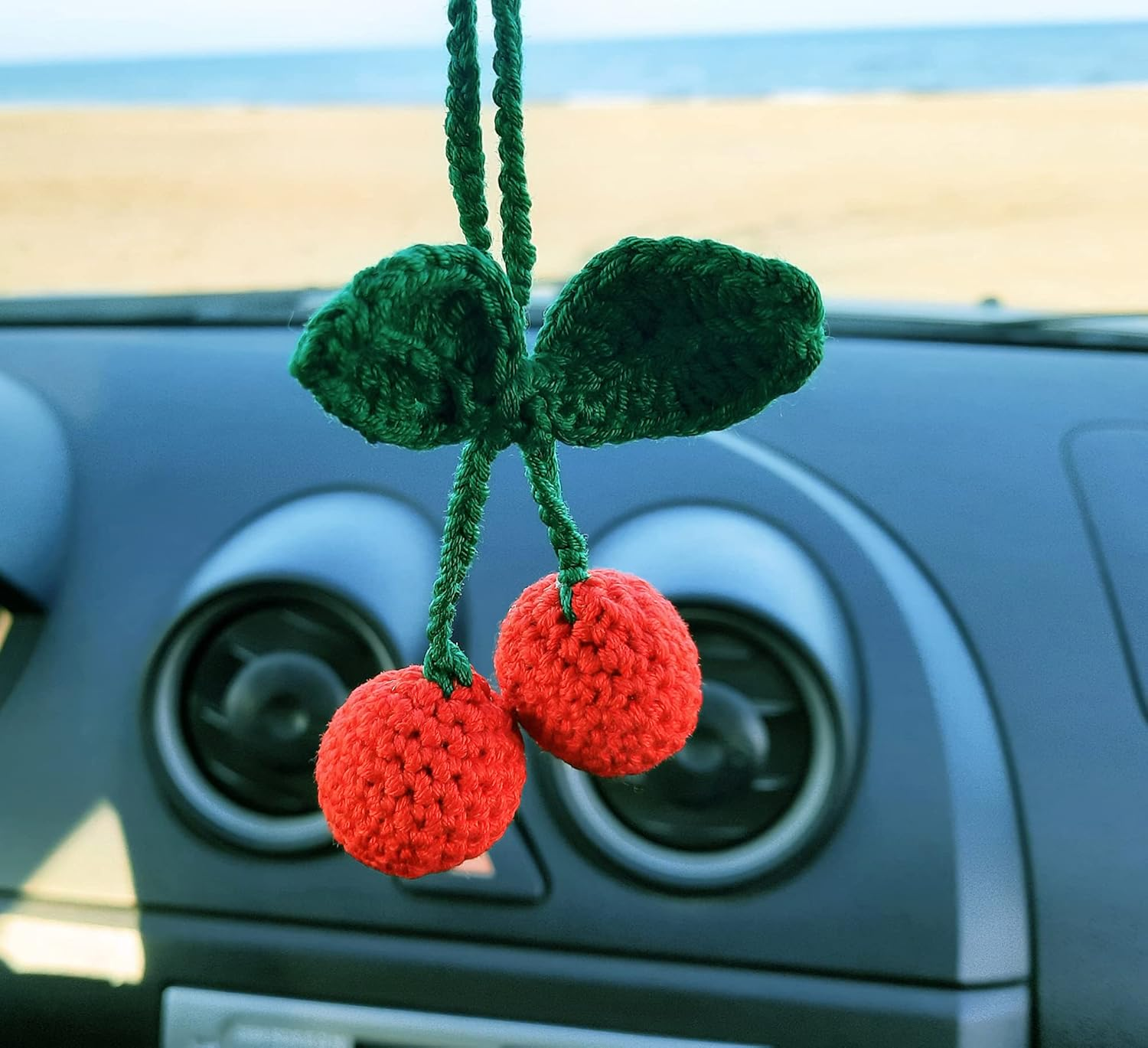 Cherry Crochet Handmade, Car Rearview Mirror Charm Decor, Aesthetic Pendant Car Interior Ornament for Gifts. image number 3