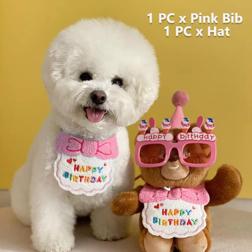 Cat Birthday Bandana Set, Cute Dog Birthday Hat and Pink Cartoon Bib, Pets Birthday Party Supplies Birthday Outfit for Cat and Dog image number 4