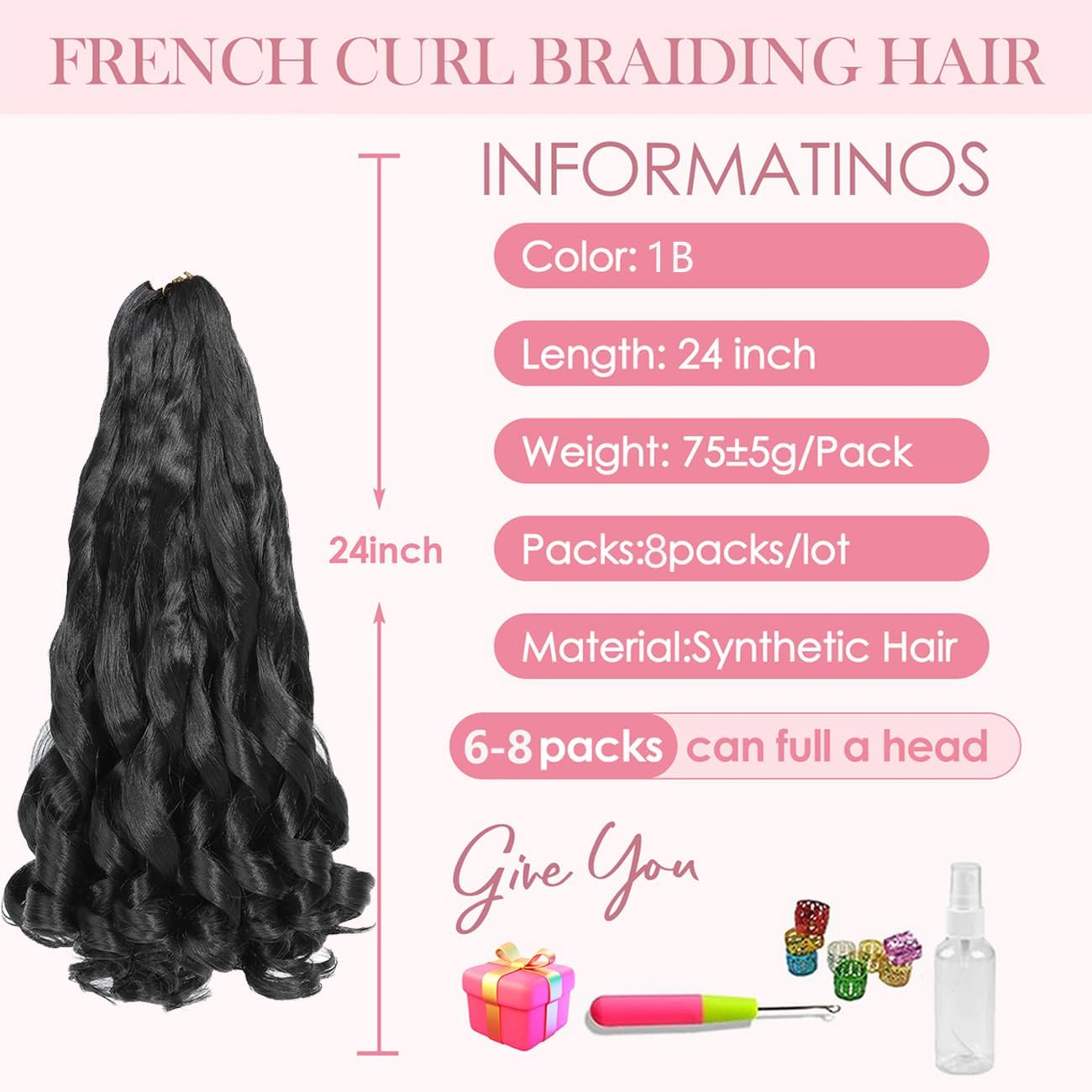 French Curls Braiding Hair 24 Inch 8 Packs Pre Stretched Loose Wave Bouncy Braiding Hair Spanish Curly Ends Synthetic Hair Extensions for Braiding (1B) image number 2