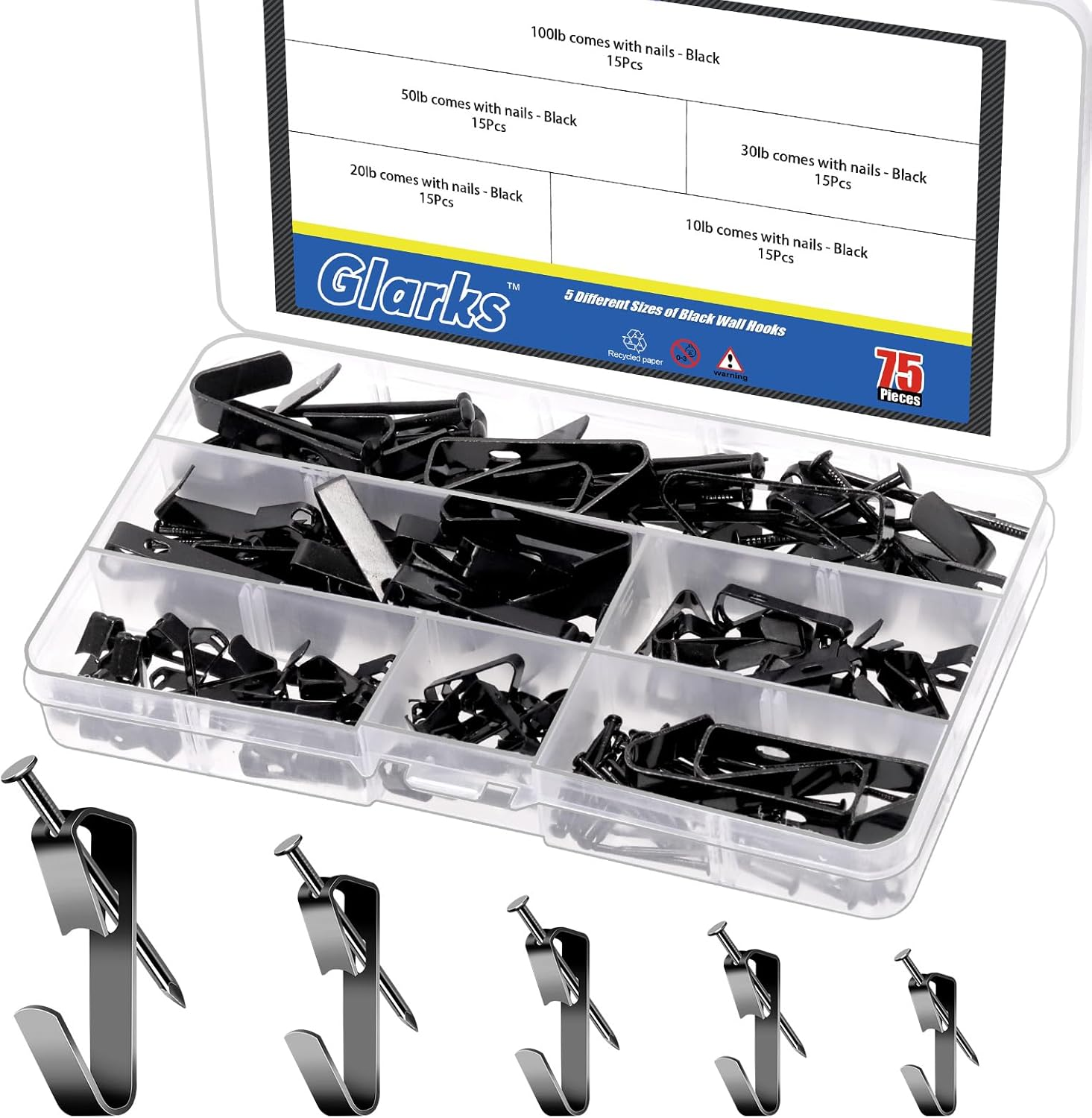 Glarks 75Pcs 10Lb/20Lb/30Lb/50Lb/100Lb Picture Hangers Hooks with Nails Kit, Black Picture Photo Hanging Hooks with Nails, Picture Hanging Kit for Frame, Painting, Art, Photo
